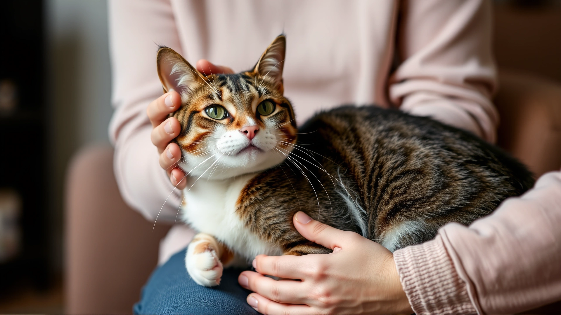 Cat owner gently massaging the throat of a cat on their lap, cozy living room setting, emphasis on hands and cat's neck.