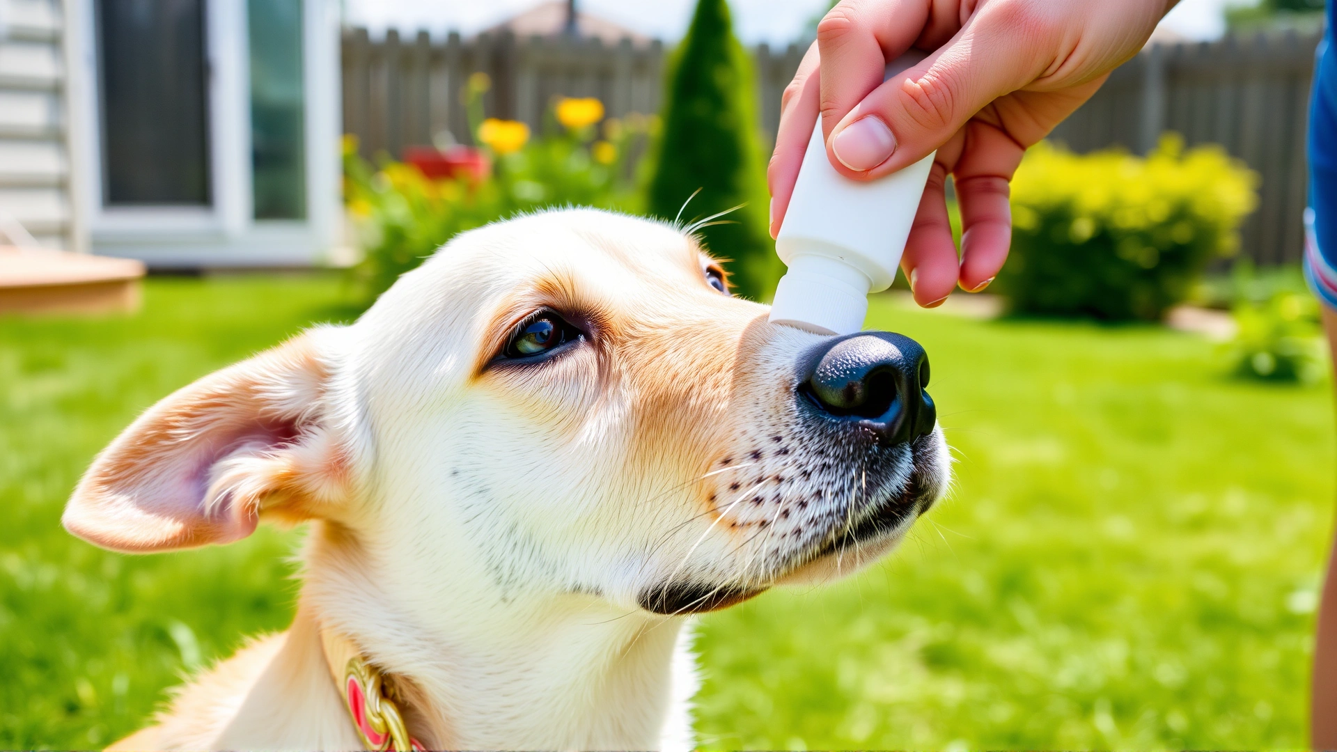 Pet owner applying sunscreen lotion to the nose of a light-colored dog in a sunny backyard.
