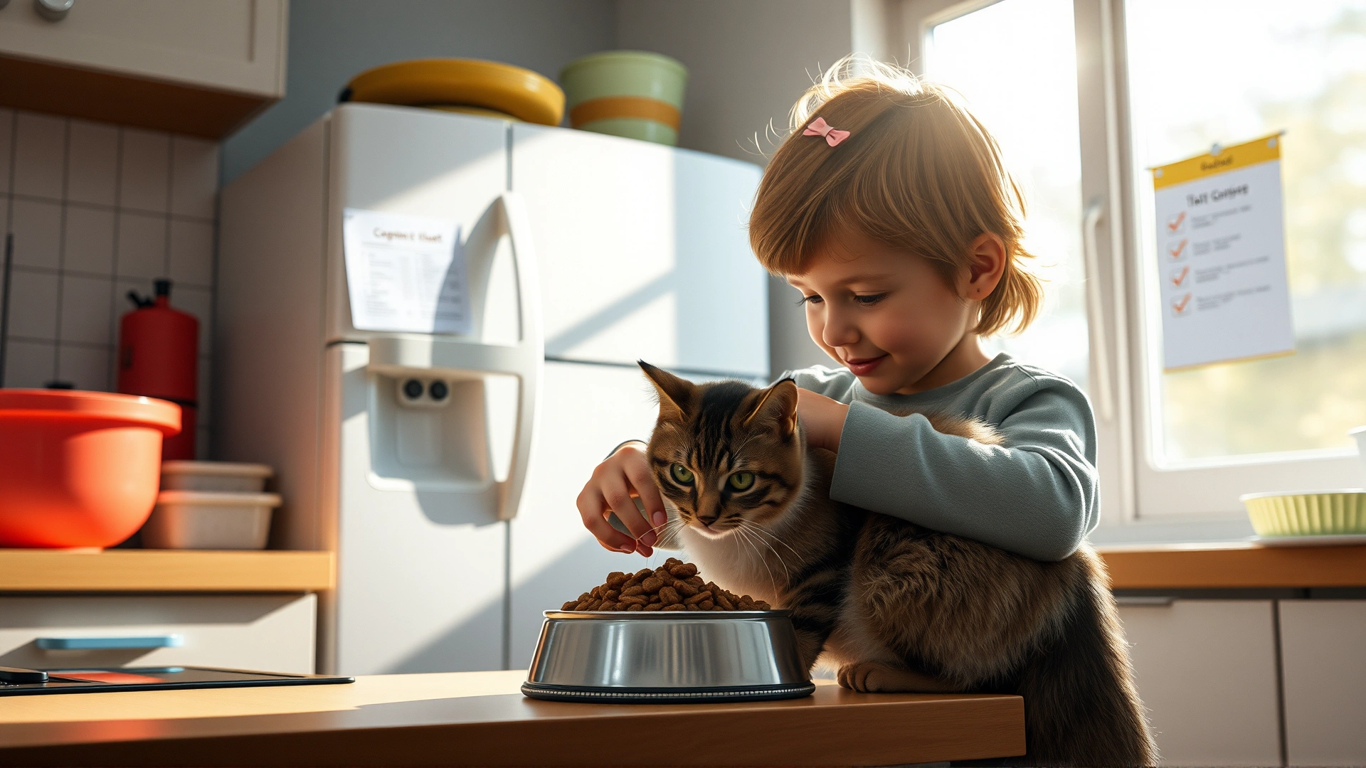 A child carefully filling a cat’s food bowl in a sunlit kitchen, with a checklist chart visible on the fridge behind them.