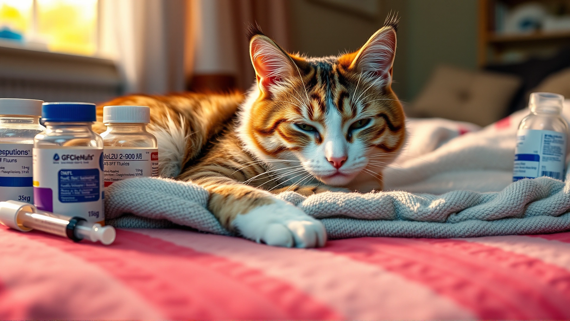 Cat resting on a soft blanket at home beside medication bottles and an oral syringe, warm ambient lighting, no text
