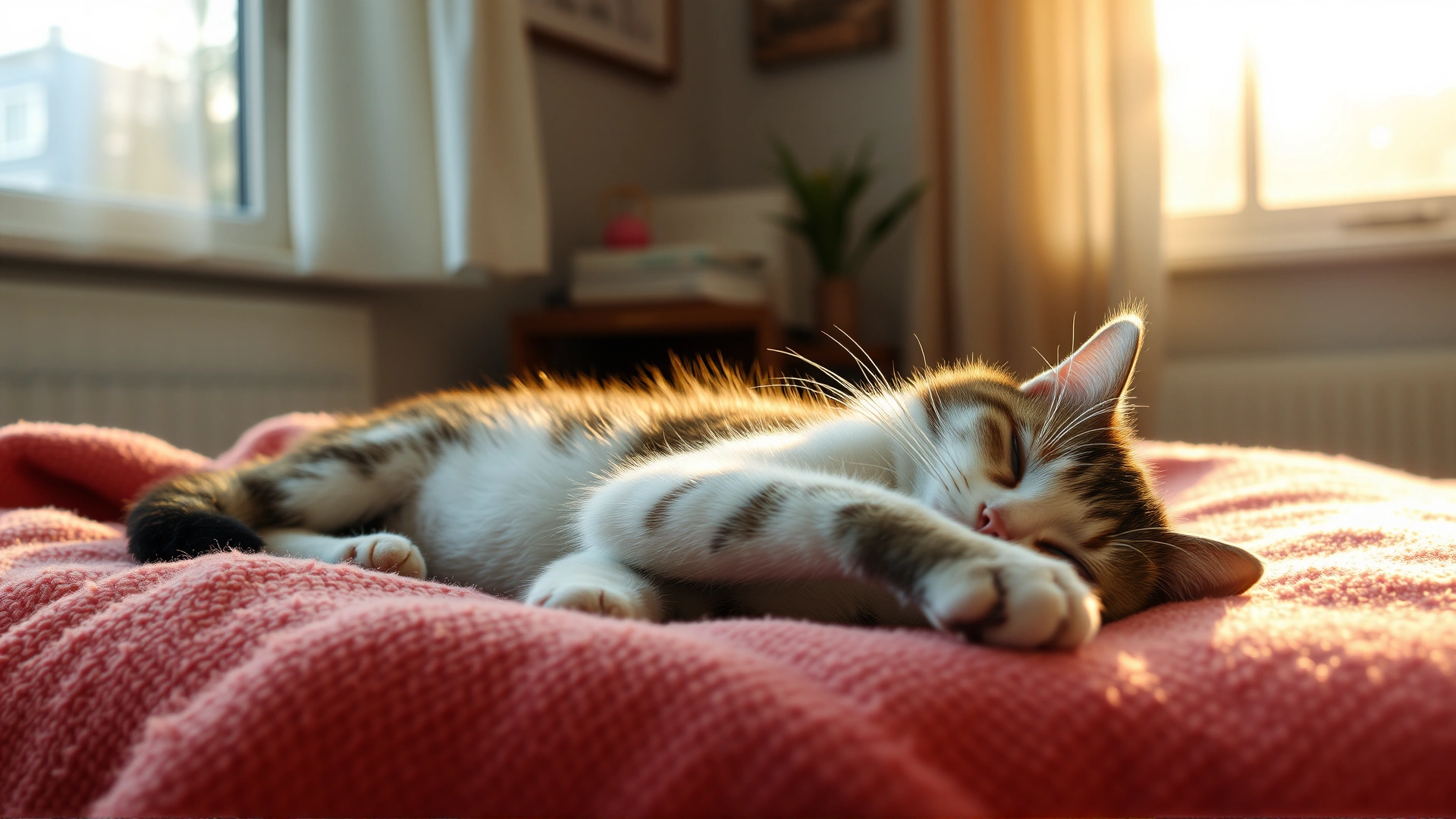 Warm image of a recovering cat resting comfortably on a soft blanket at home, sunlight streaming through window