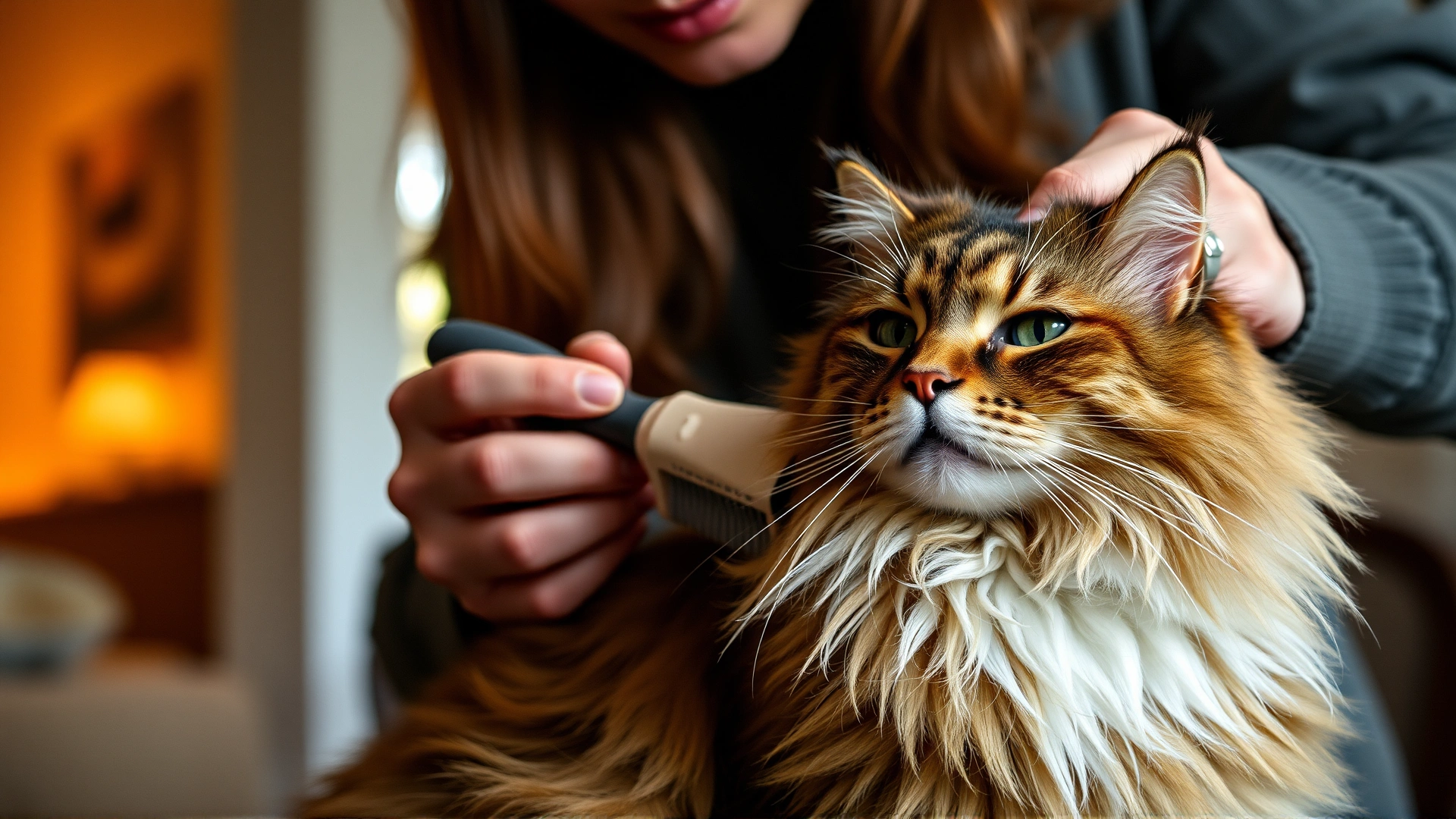 Owner brushing a long-haired cat with a slicker brush in a cozy home environment, cat appearing relaxed, warm ambient lighting