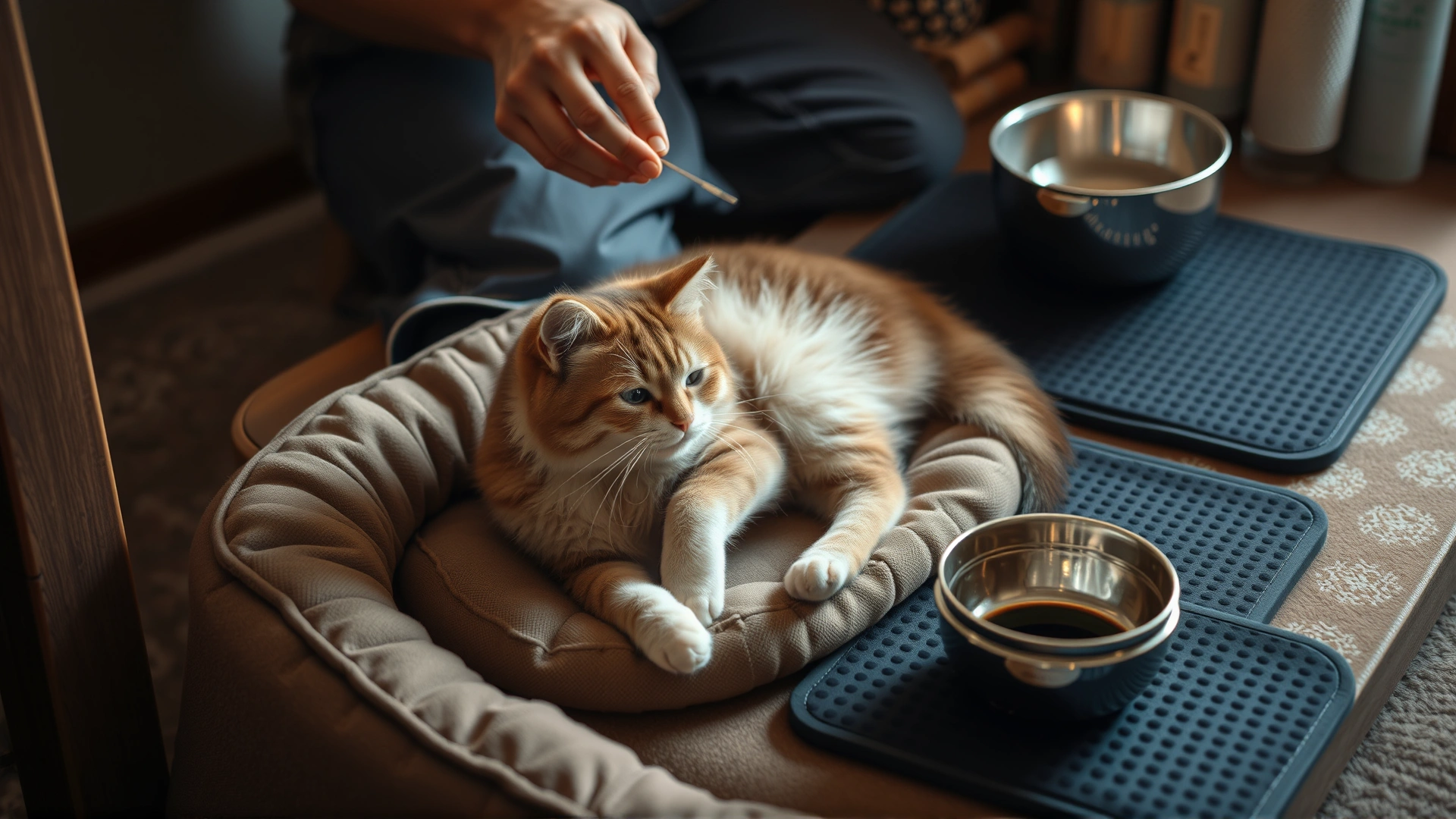 Domestic scene showing a cat resting in a padded bed with anti-slip mats around, owner placing bowls nearby, cozy lighting.