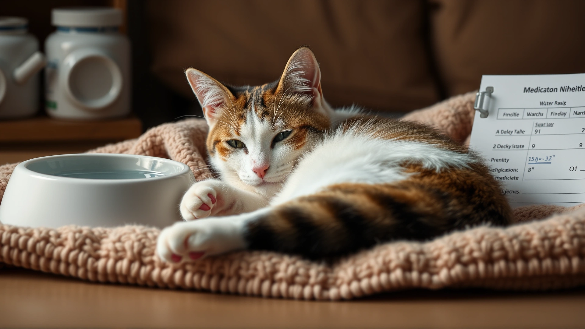 Cozy home scene with a recovering cat resting on a soft blanket beside a water bowl and medication timetable sheet.