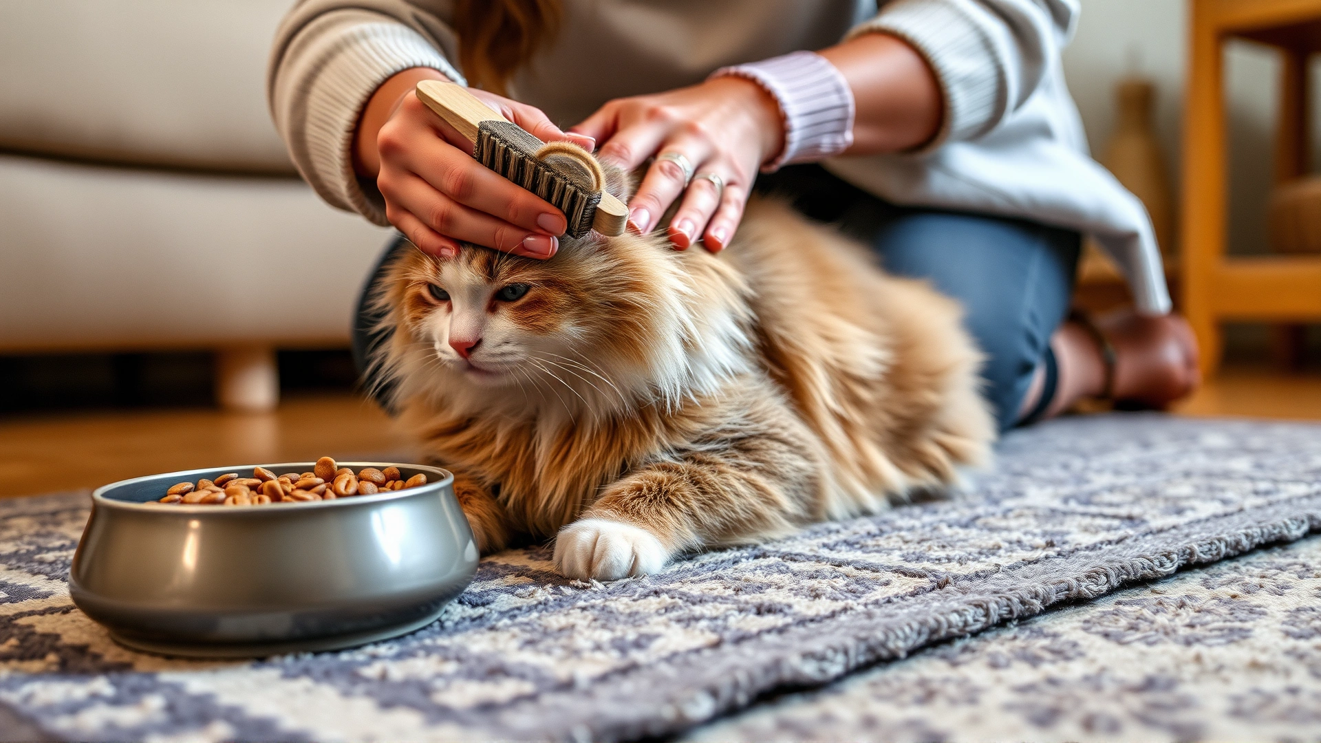 Cat owner brushing a cat on a rug while a small measured portion of cat food sits in a bowl nearby, cozy home setting.