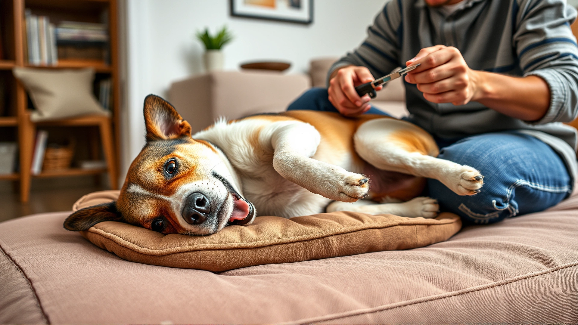 Happy domestic scene of a dog lying comfortably on a cushioned bed while the owner trims its nails carefully, living room setting, no text