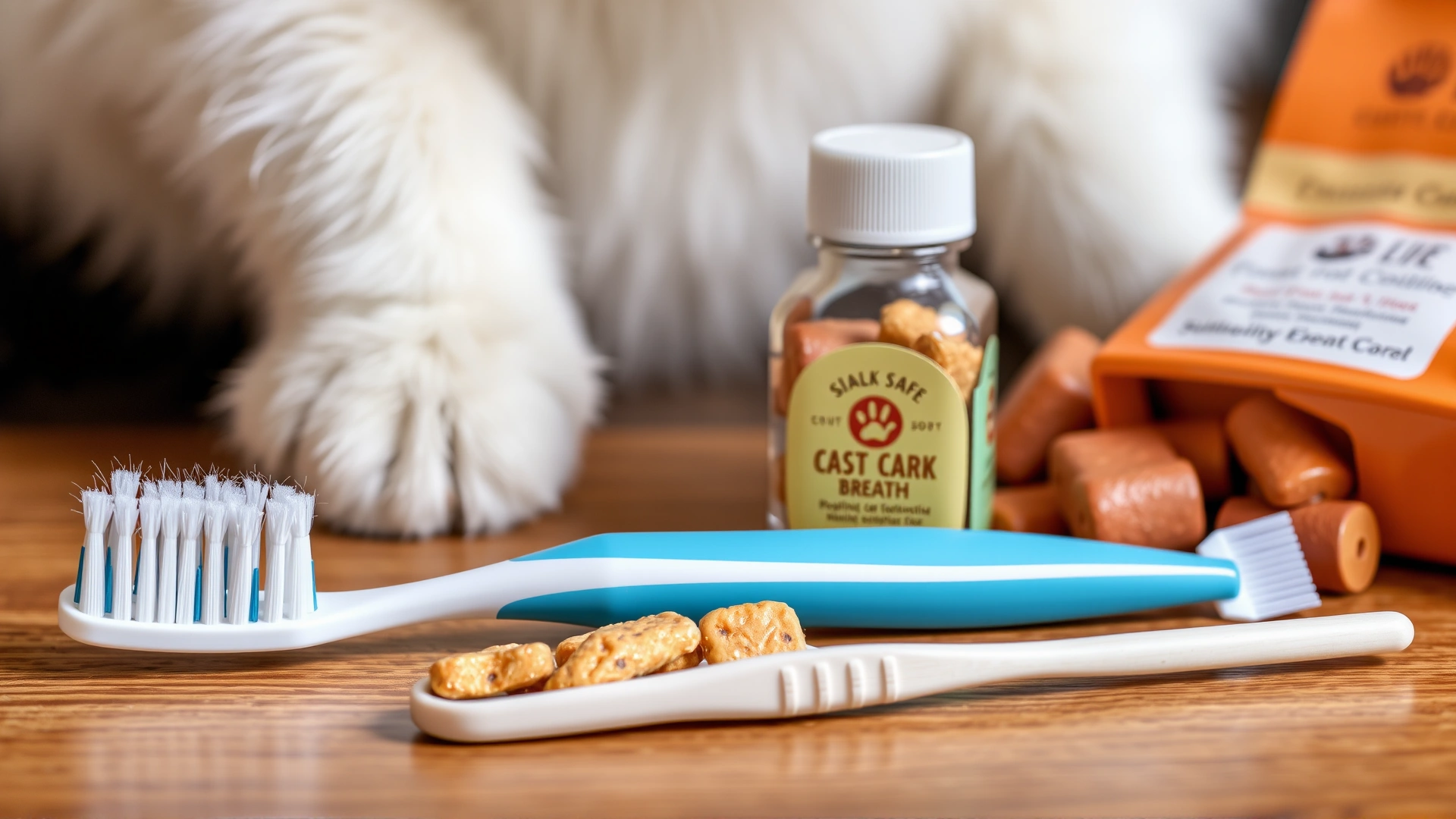 Neatly arranged collection of feline dental-care products—cat toothbrush, finger brush, cat-safe toothpaste, and dental treats—on a wooden surface with soft lighting.