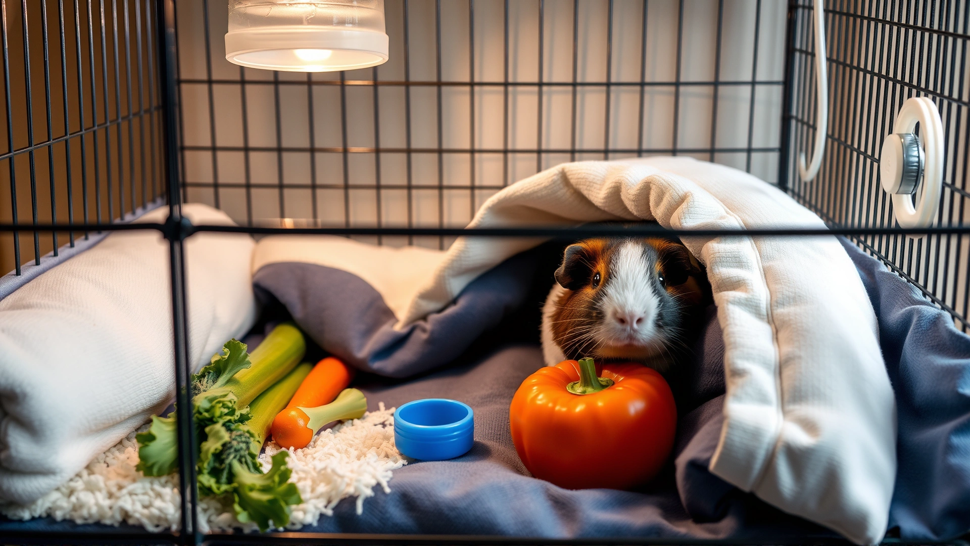 A comfortable, padded recovery cage setup for a guinea pig, featuring soft bedding, water bottle, and fresh vegetables rich in Vitamin C.