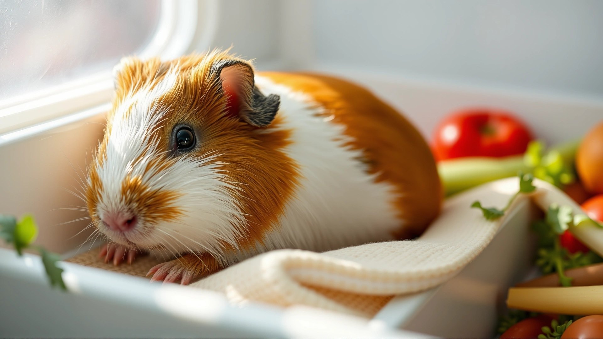 Recovered guinea pig resting comfortably in a clean, spacious enclosure with fresh vegetables visible, soft natural light