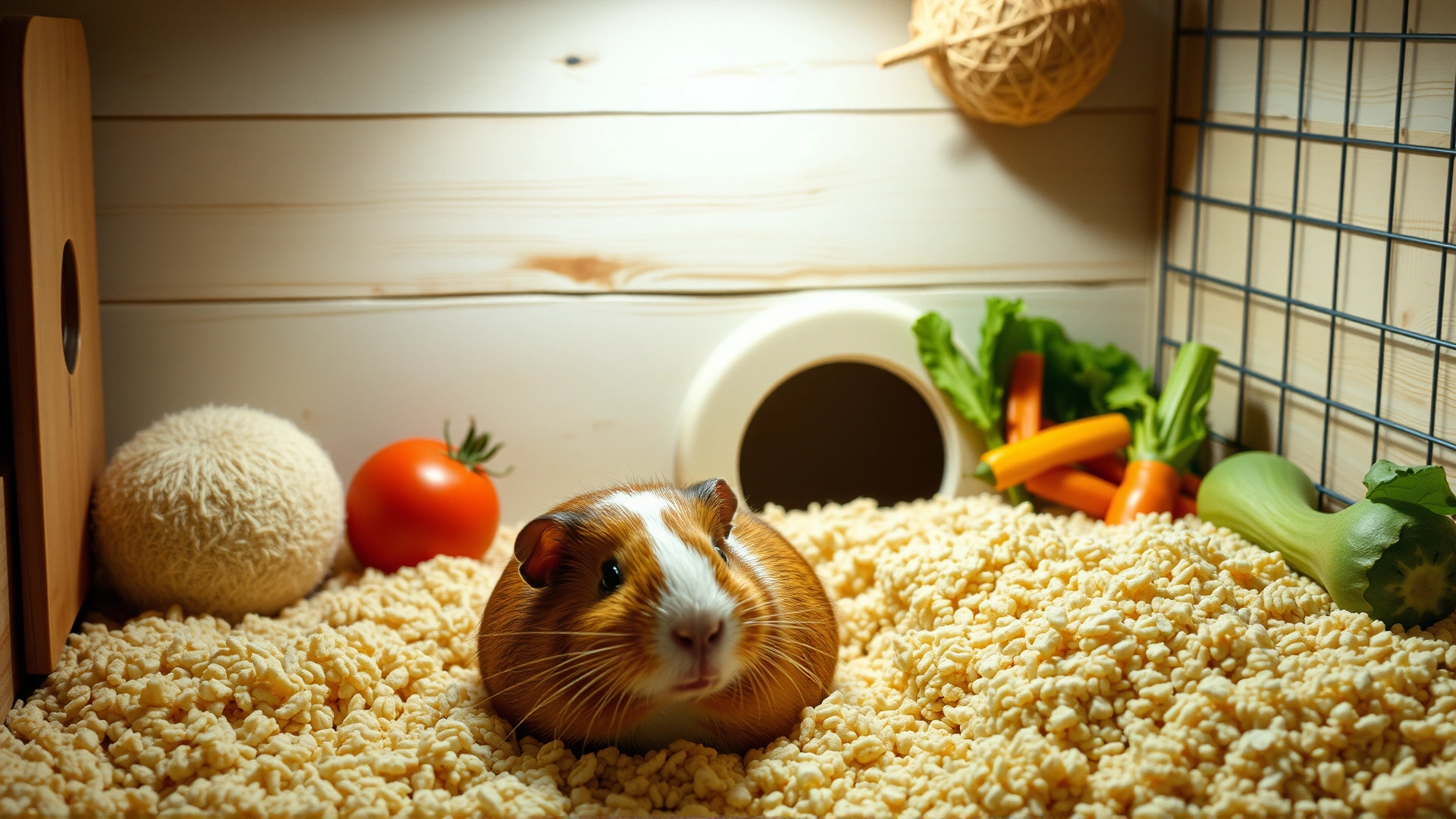 Cozy indoor guinea pig habitat with soft bedding, fresh vegetables, and a calm guinea pig resting comfortably.