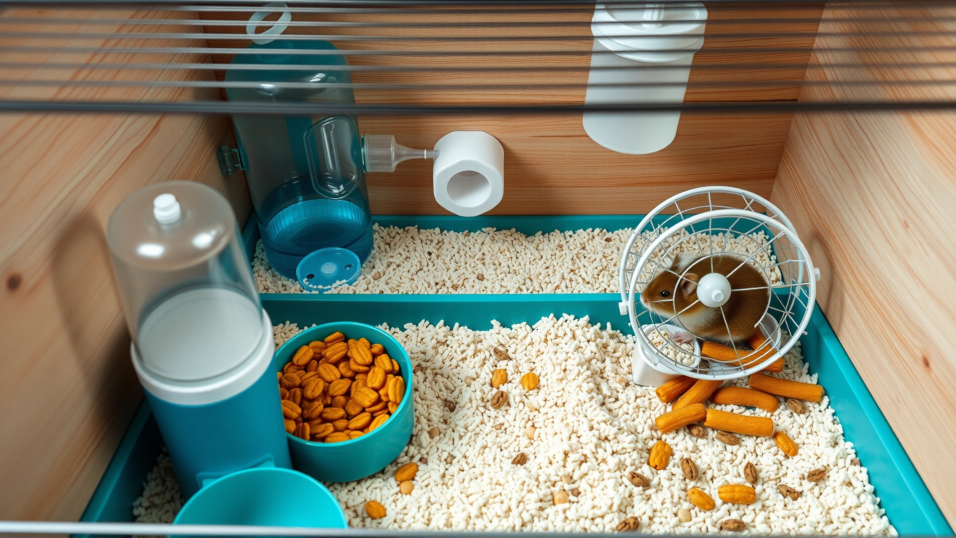 Well-equipped hamster habitat with clean bedding, water bottle, wheel, and fresh food, photographed from a slight top angle