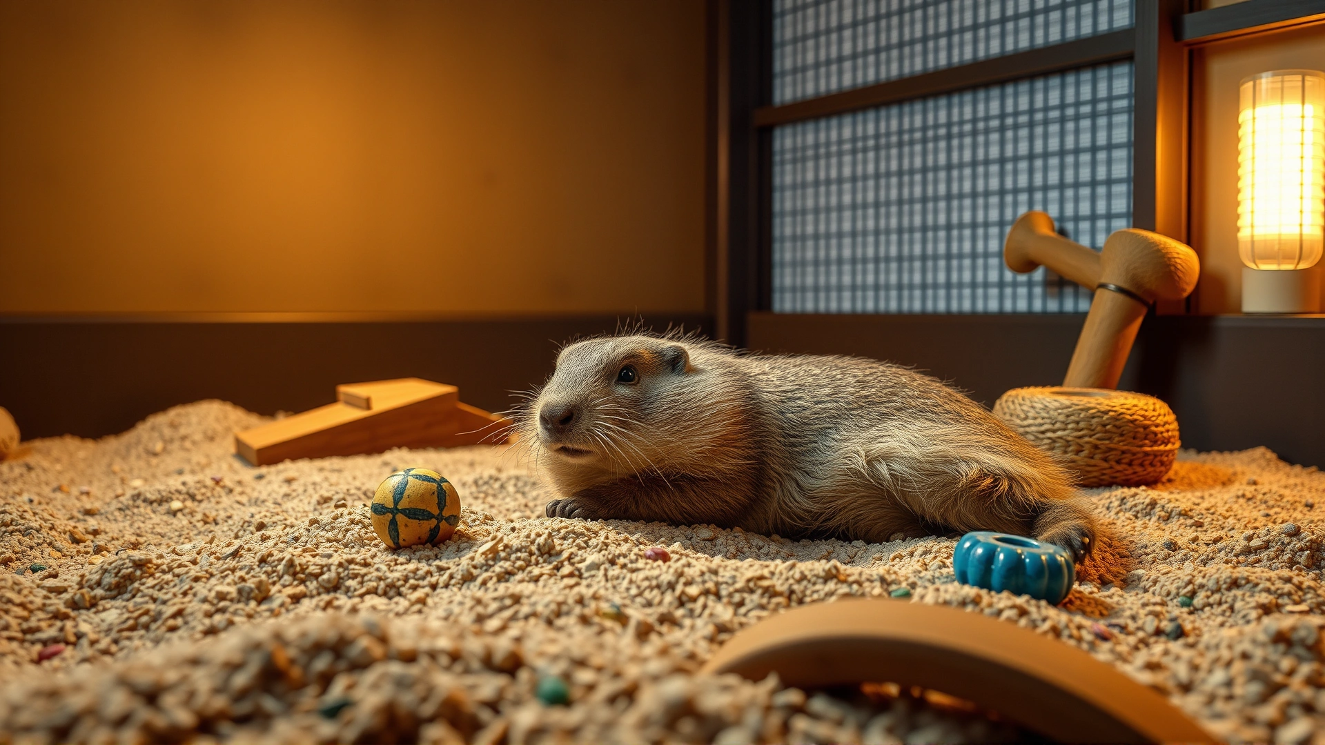 Prairie dog resting in a recovery enclosure with soft bedding, ramps, and chew toys, warm indoor lighting