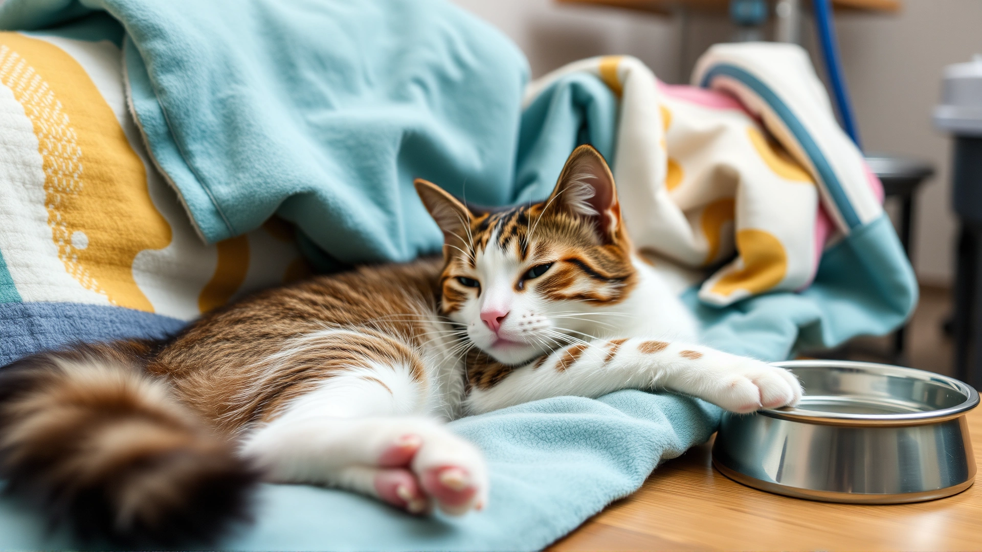 Domestic short-haired cat resting comfortably on a soft blanket at home, wearing a protective cone collar, warm ambient lighting.