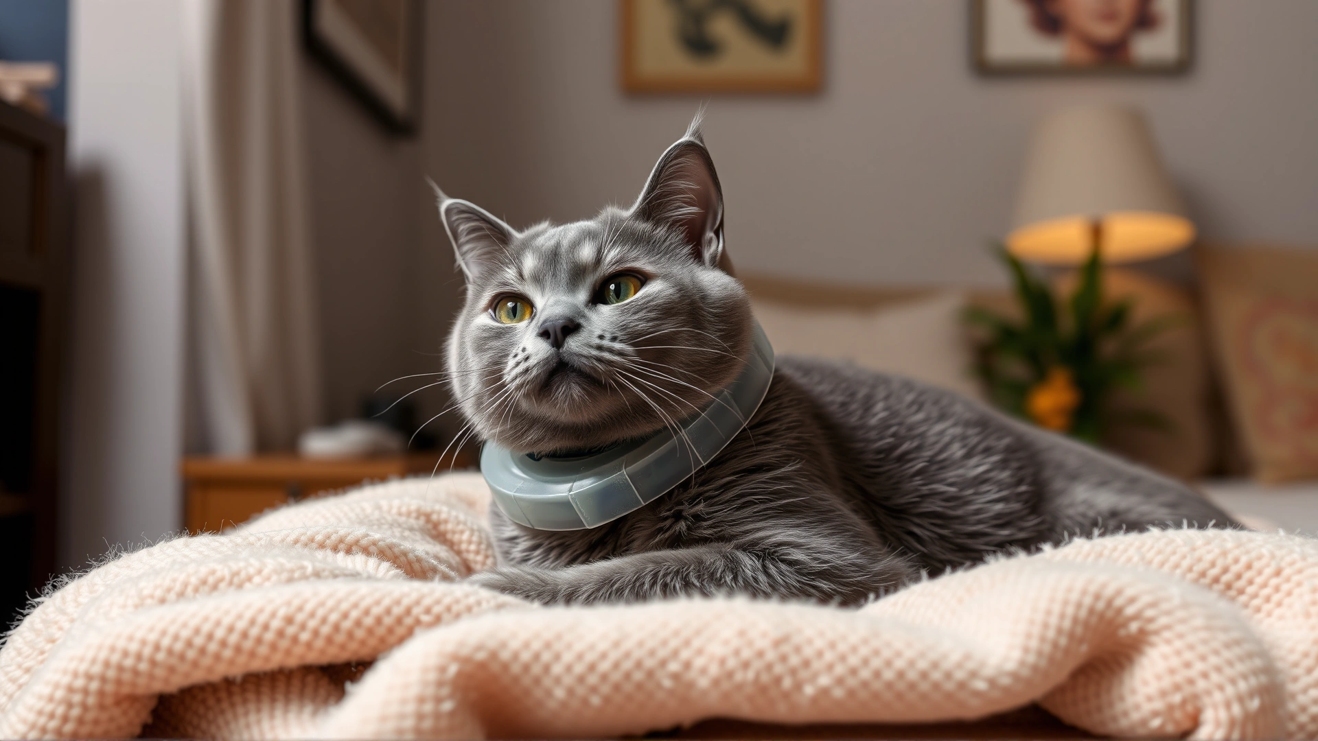 Indoor scene of a gray domestic cat resting comfortably on a soft blanket while wearing a plastic Elizabethan collar, cozy lighting