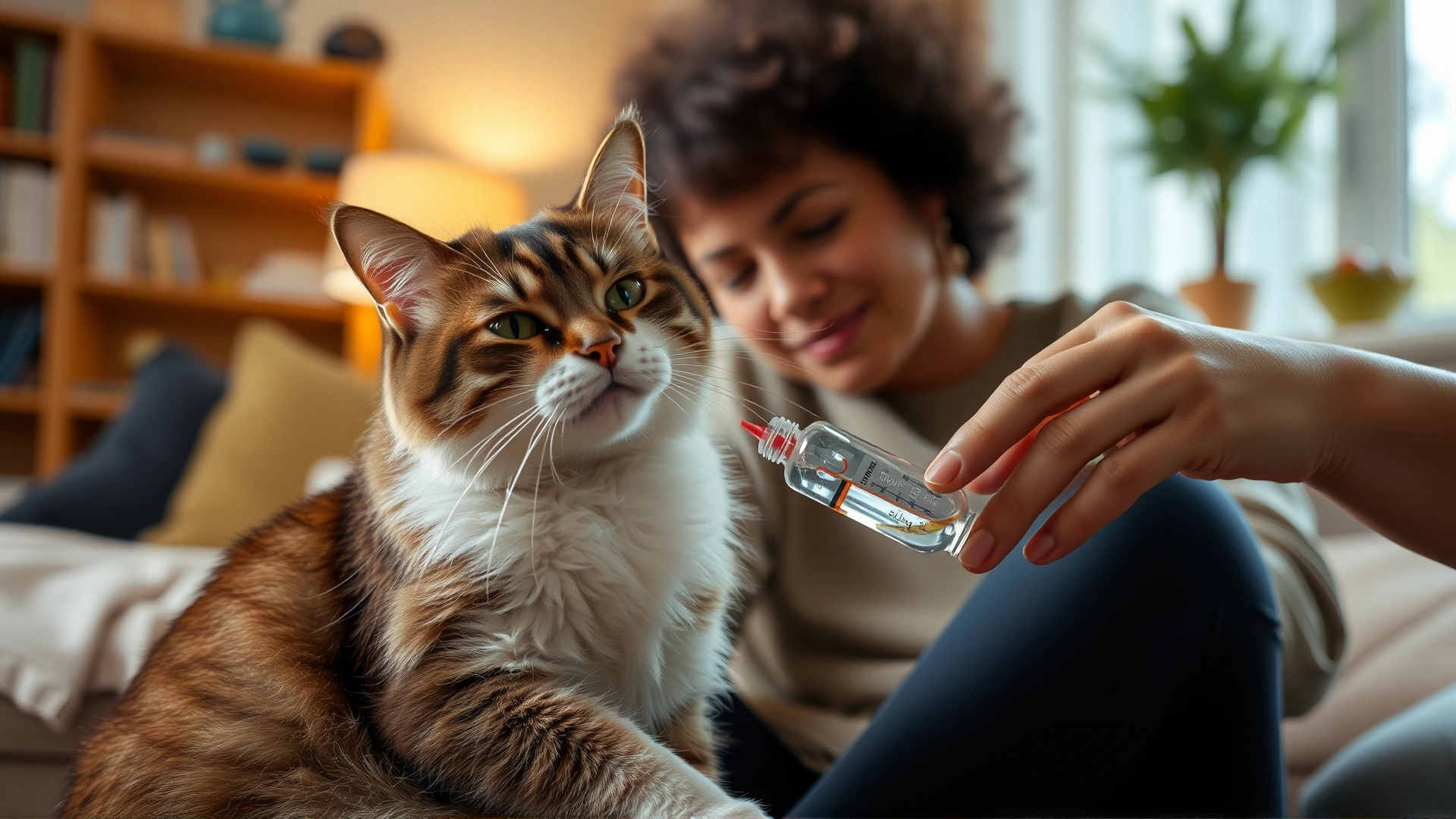 Cat owner giving liquid oral medication to a recovering cat at home, cozy living room setting with soft warm light