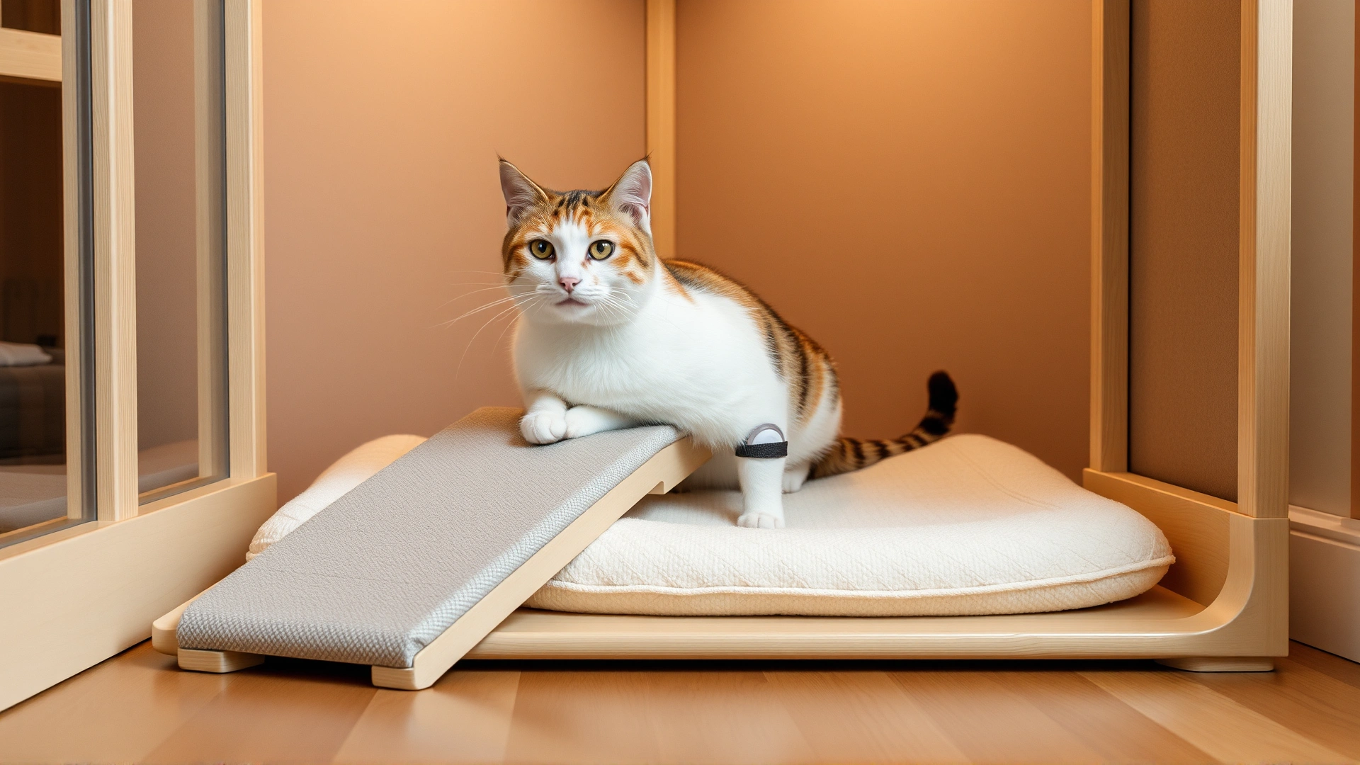 Cozy corner setup with ramps and padded bedding designed for a three-legged cat, demonstrating post-surgery home adaptation