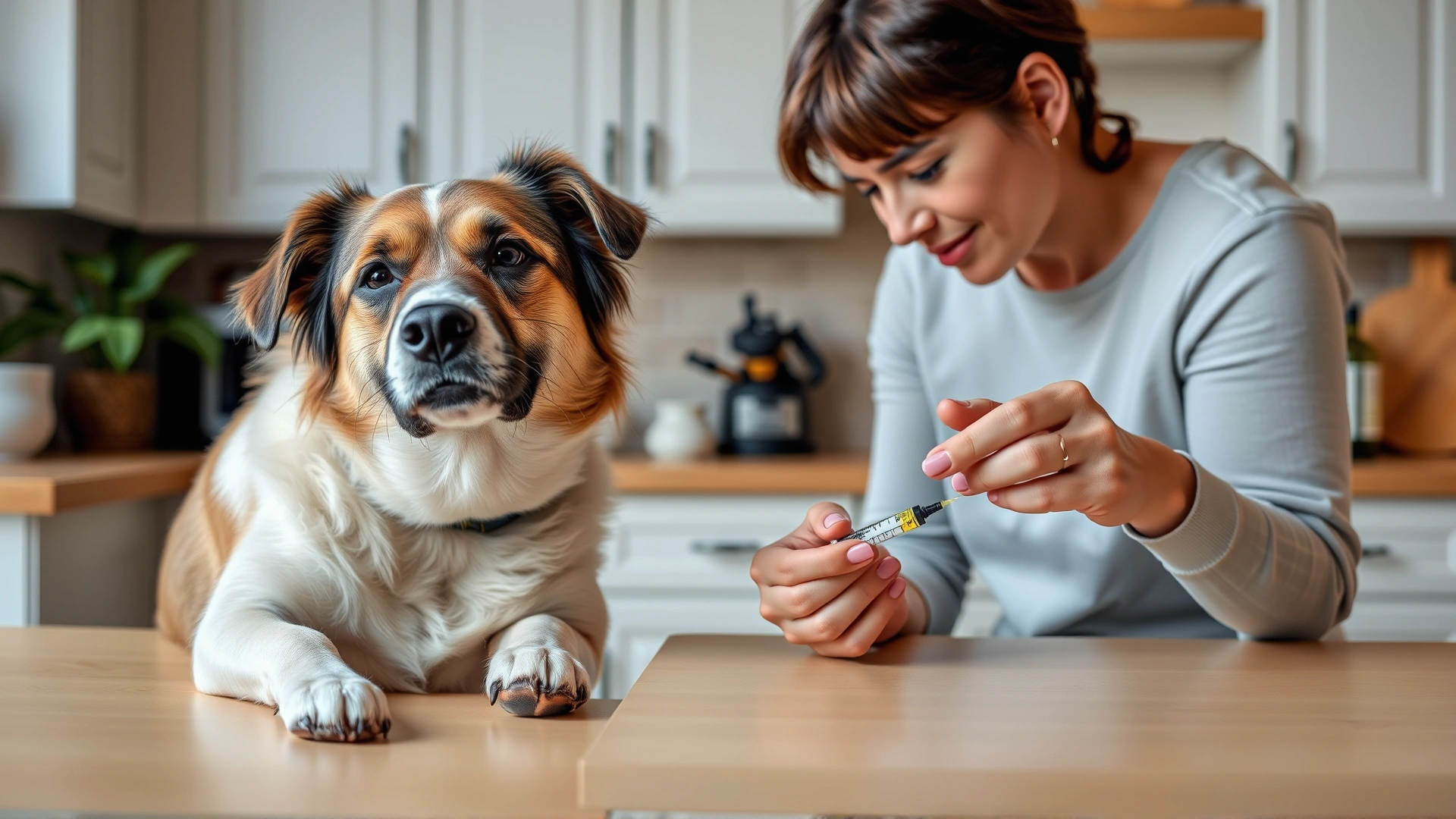 Owner gently measuring insulin dose with a syringe while the dog sits calmly beside a kitchen counter, cozy home environment.