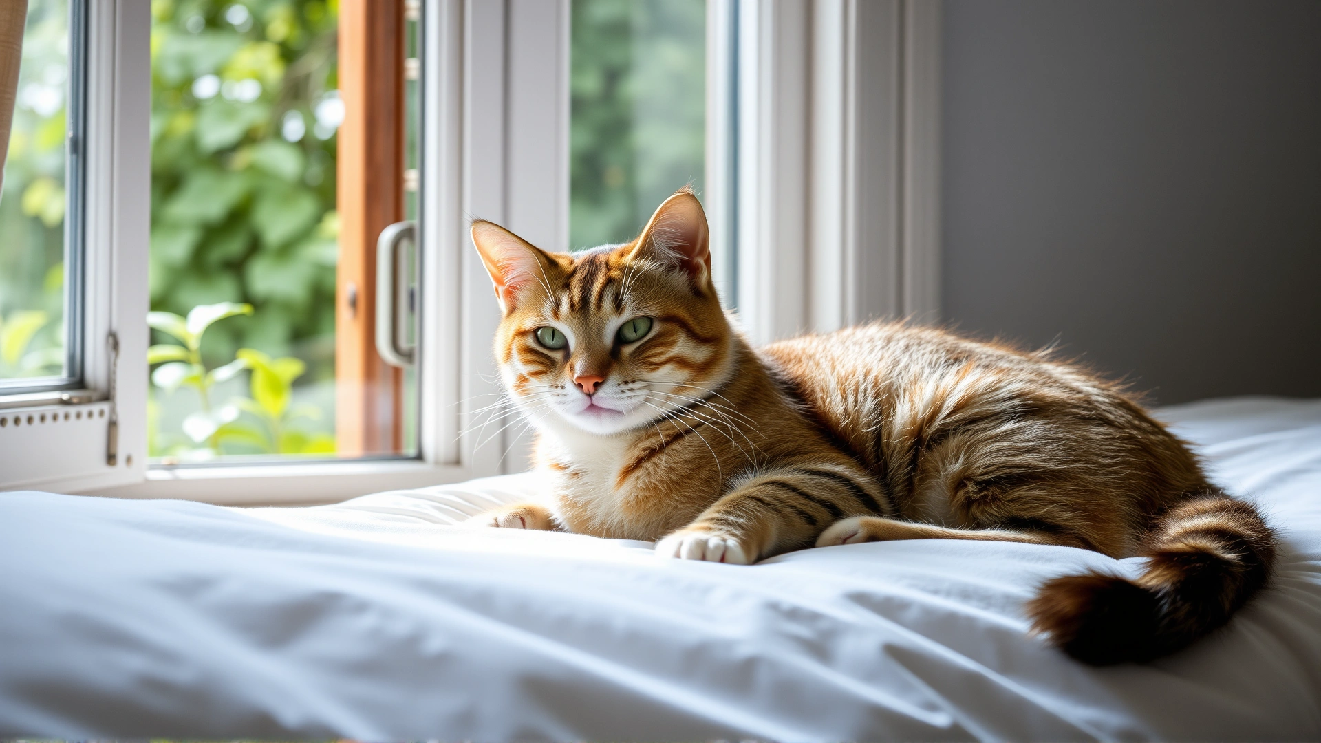 Calm domestic cat lying on a soft bed near an open window with fresh greenery outside, suggesting recovery at home.