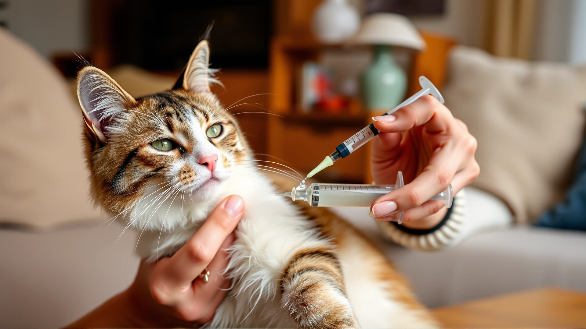 Cat owner gently giving liquid medicine to a cat at home using an oral syringe; cozy living room setting.