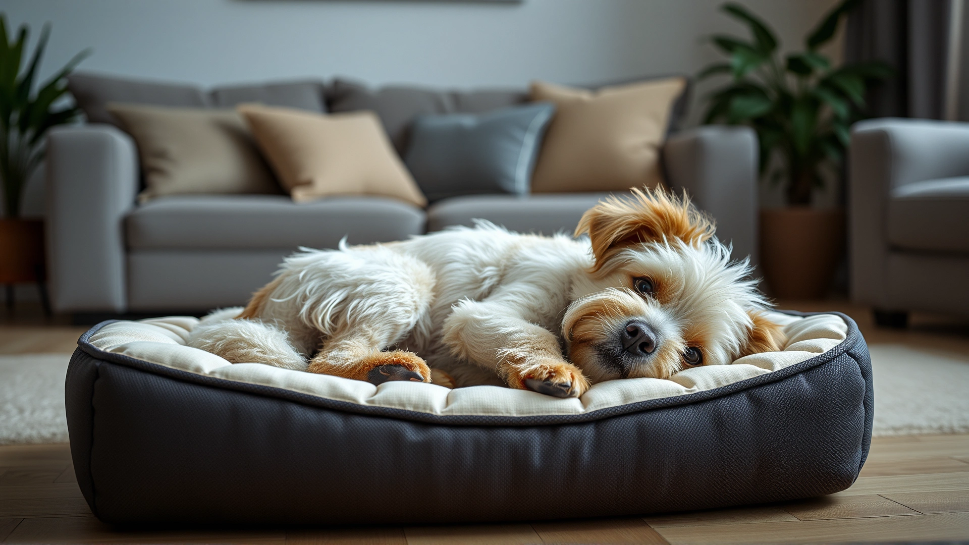 Senior small dog resting comfortably on an orthopedic bed in a cozy living room with soft lighting.