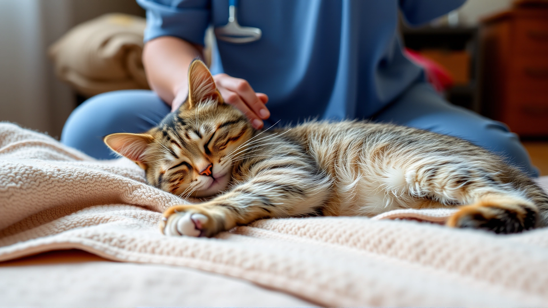 Warm home setting where a pet owner is gently brushing a recovering cat resting on a soft blanket, showing post-operative care