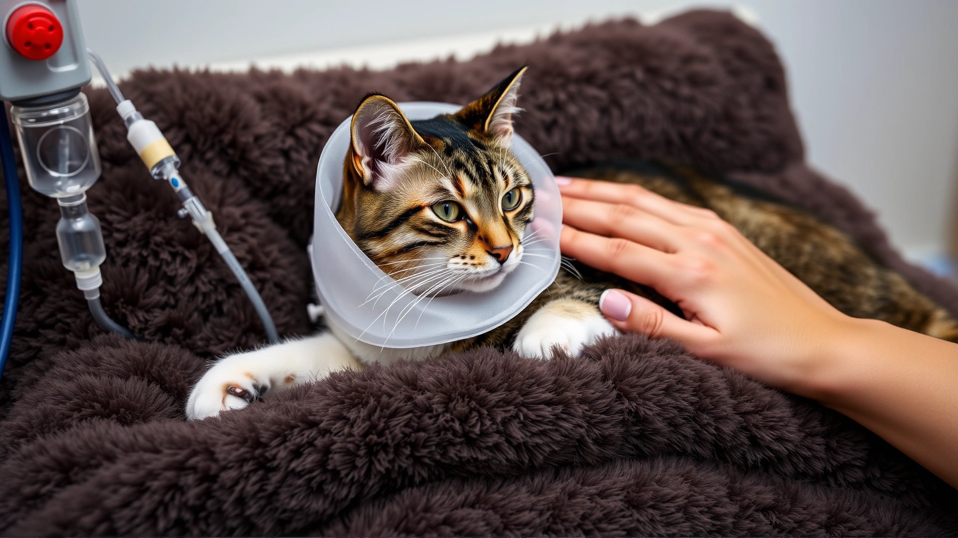 Cat wearing a soft recovery collar resting on a plush bed next to a feeding tube setup, owner's hand gently petting the cat to illustrate at-home post-operative care.