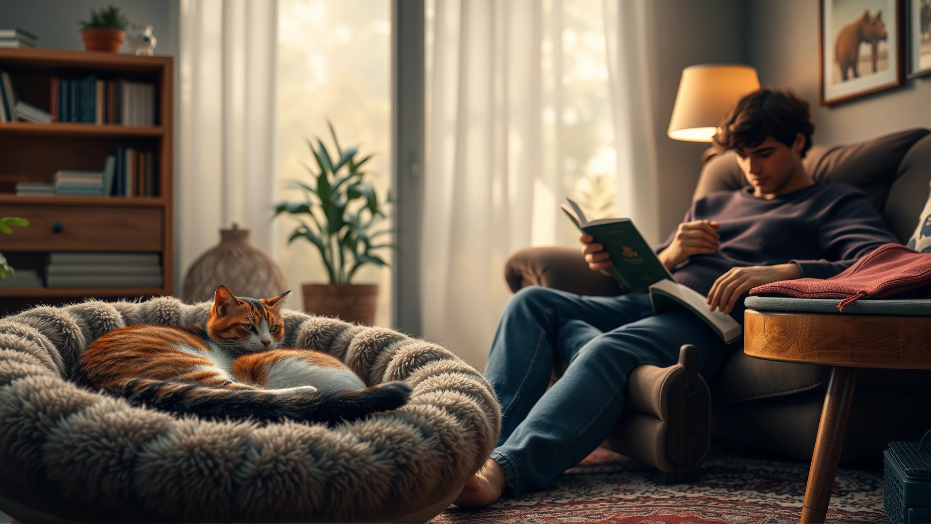 Cozy living room scene with a comfortable cat bed and a cat resting peacefully, owner sitting nearby reading a book, warm lighting