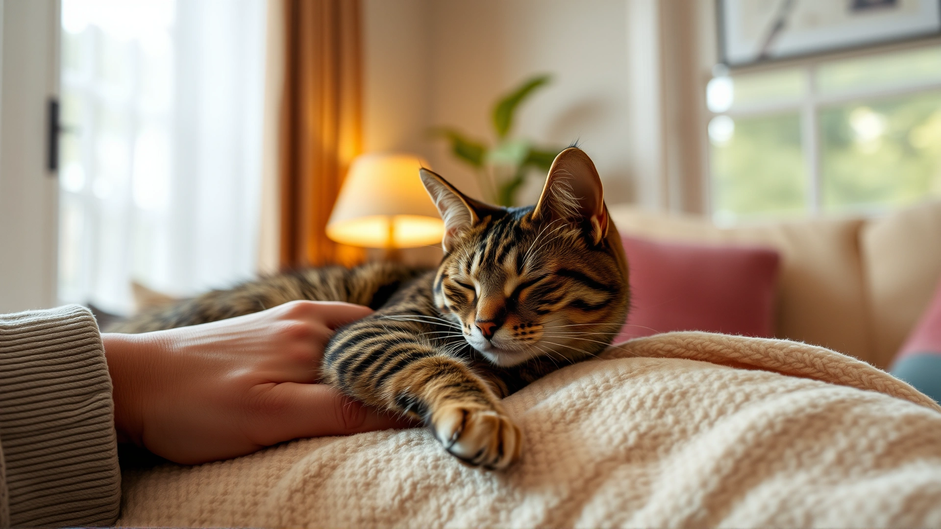 Comfortable living room setting where a cat rests on a soft blanket beside its owner’s caring hand, warm ambient light conveys safety and recovery.