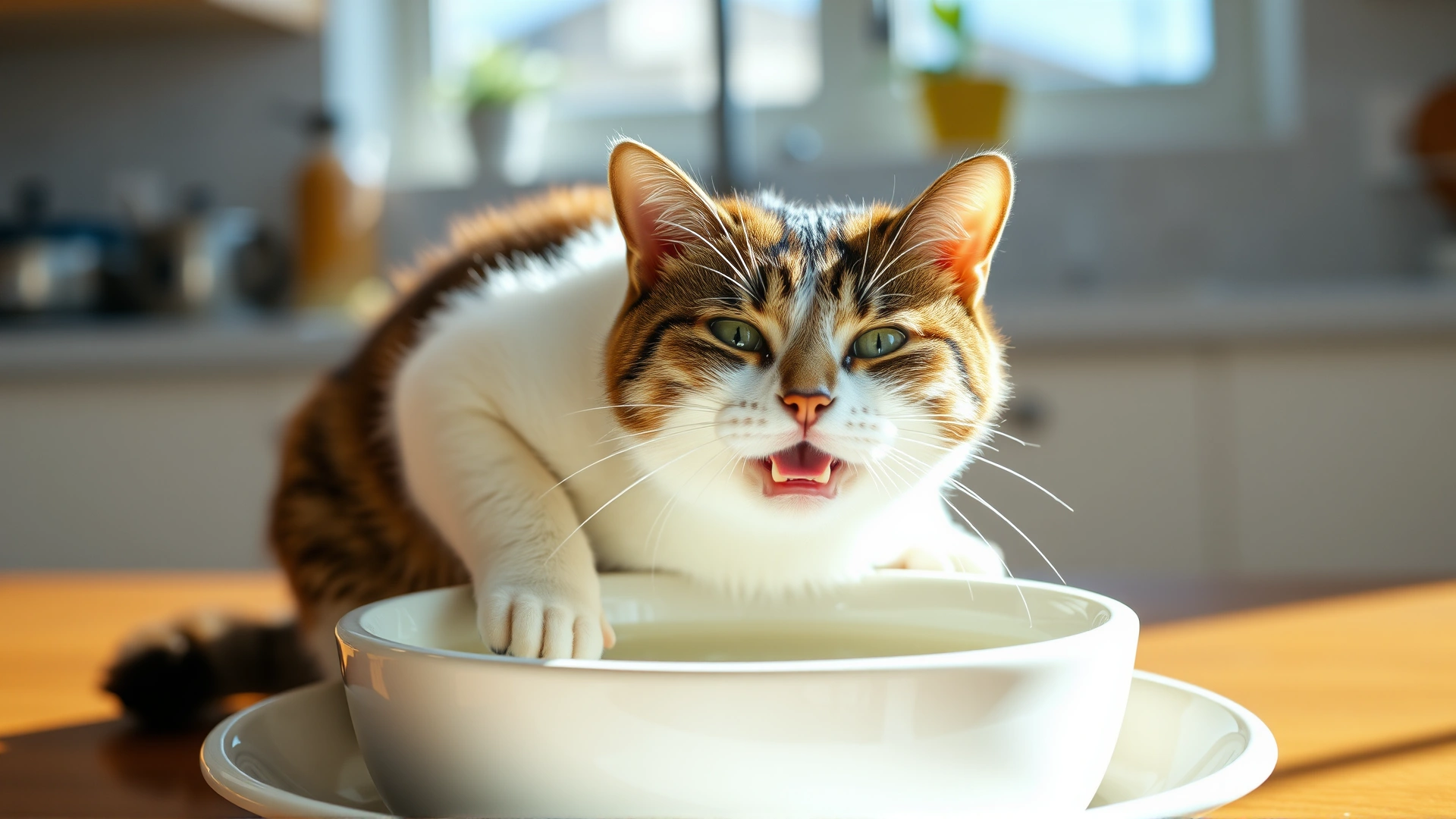 Happy recovered cat drinking fresh water from a ceramic bowl in a sunlit kitchen, vibrant colors, no text