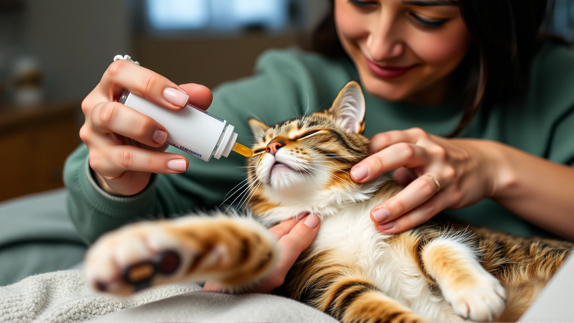 Owner gently administering liquid medicine to a relaxed cat at home, cozy environment, demonstrating post-hospital care.