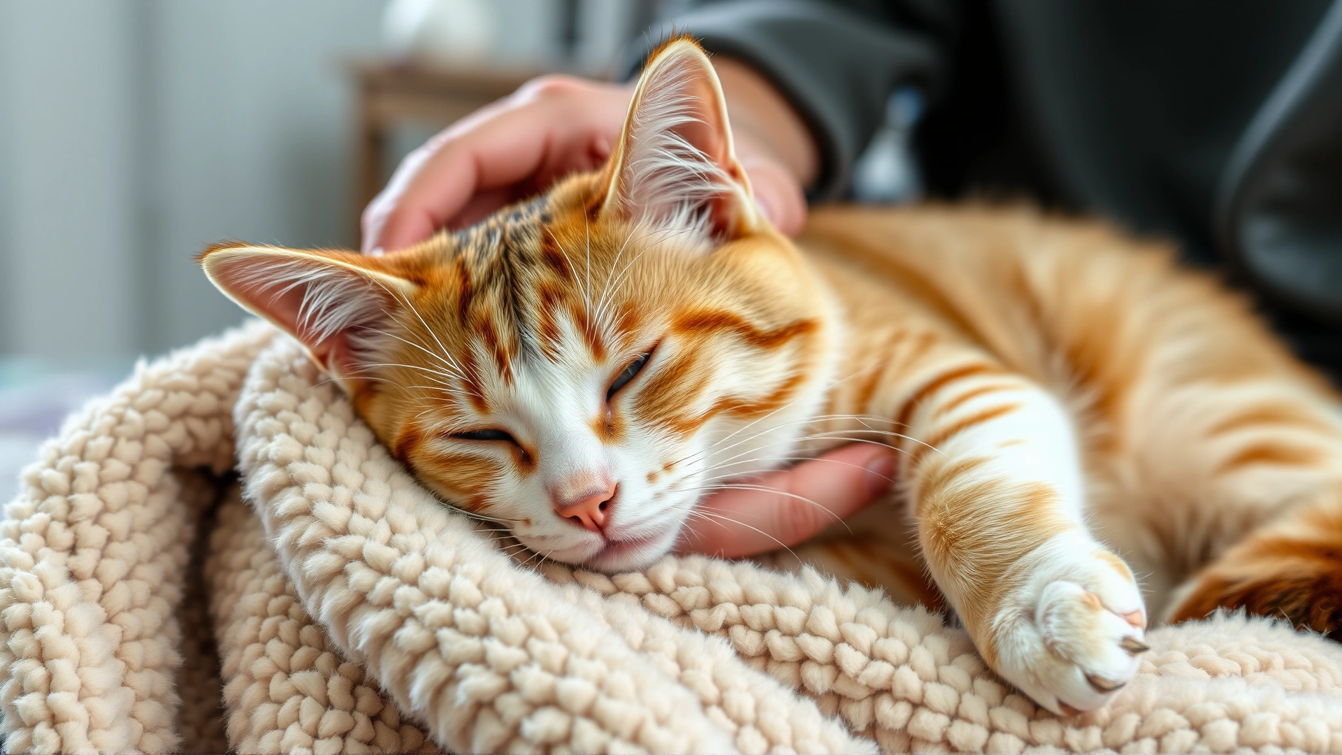 Photo of a cat owner gently giving oral medication to their cat at home, warm lighting
