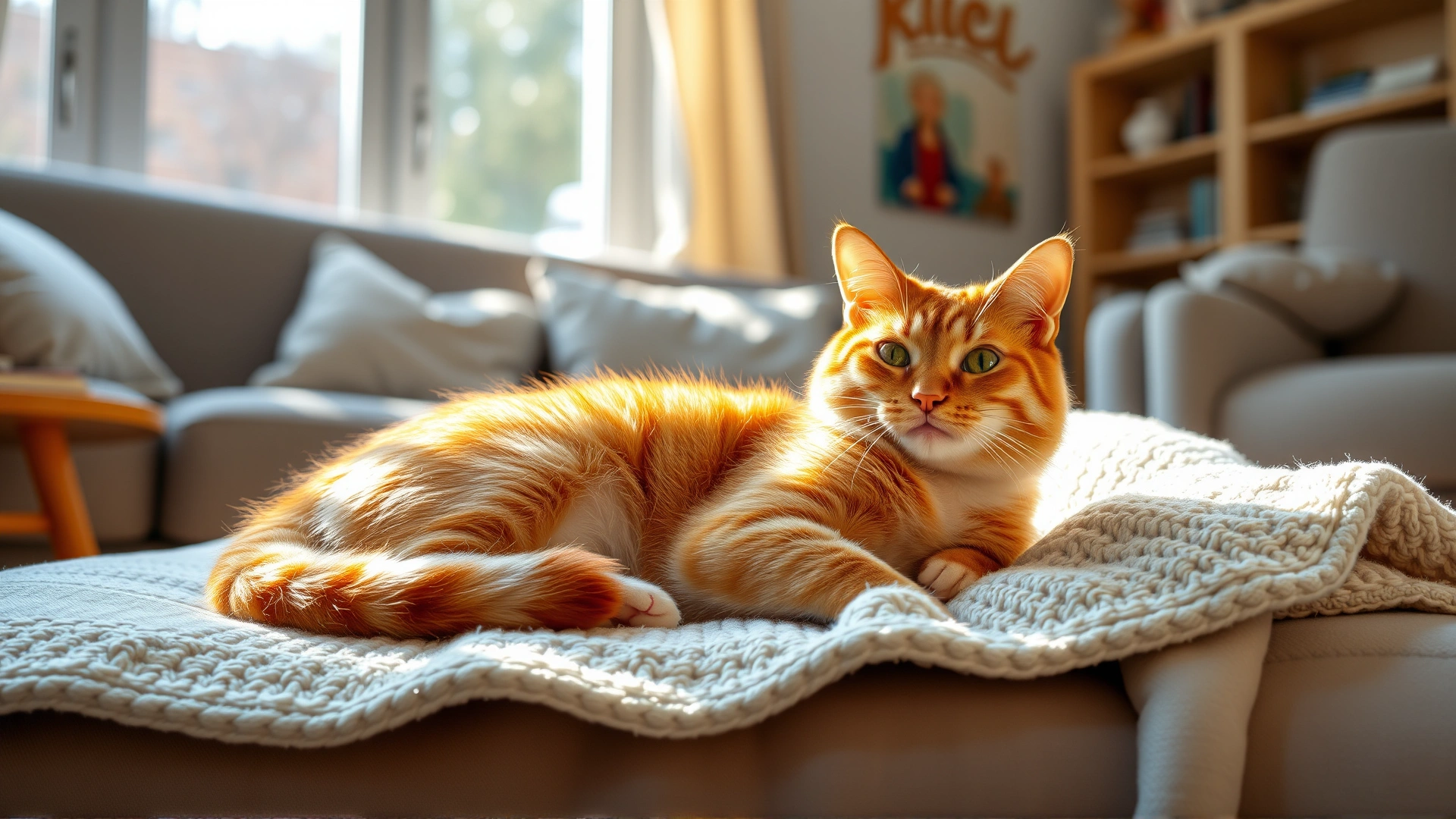 Cozy scene of a relaxed orange cat lying on a soft blanket in a sunlit living room, representing comfortable home care