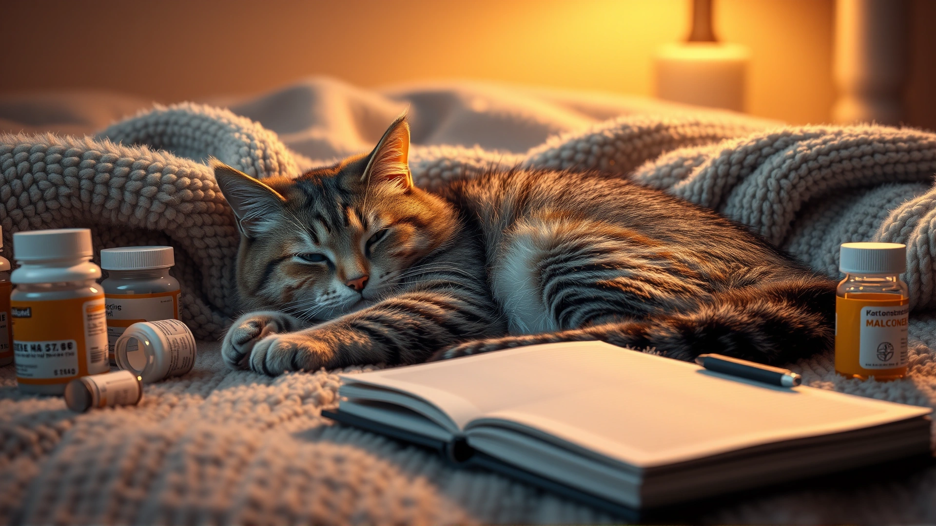 Cozy domestic scene of a cat resting on a plush blanket next to medication bottles and a journal, warm ambient light