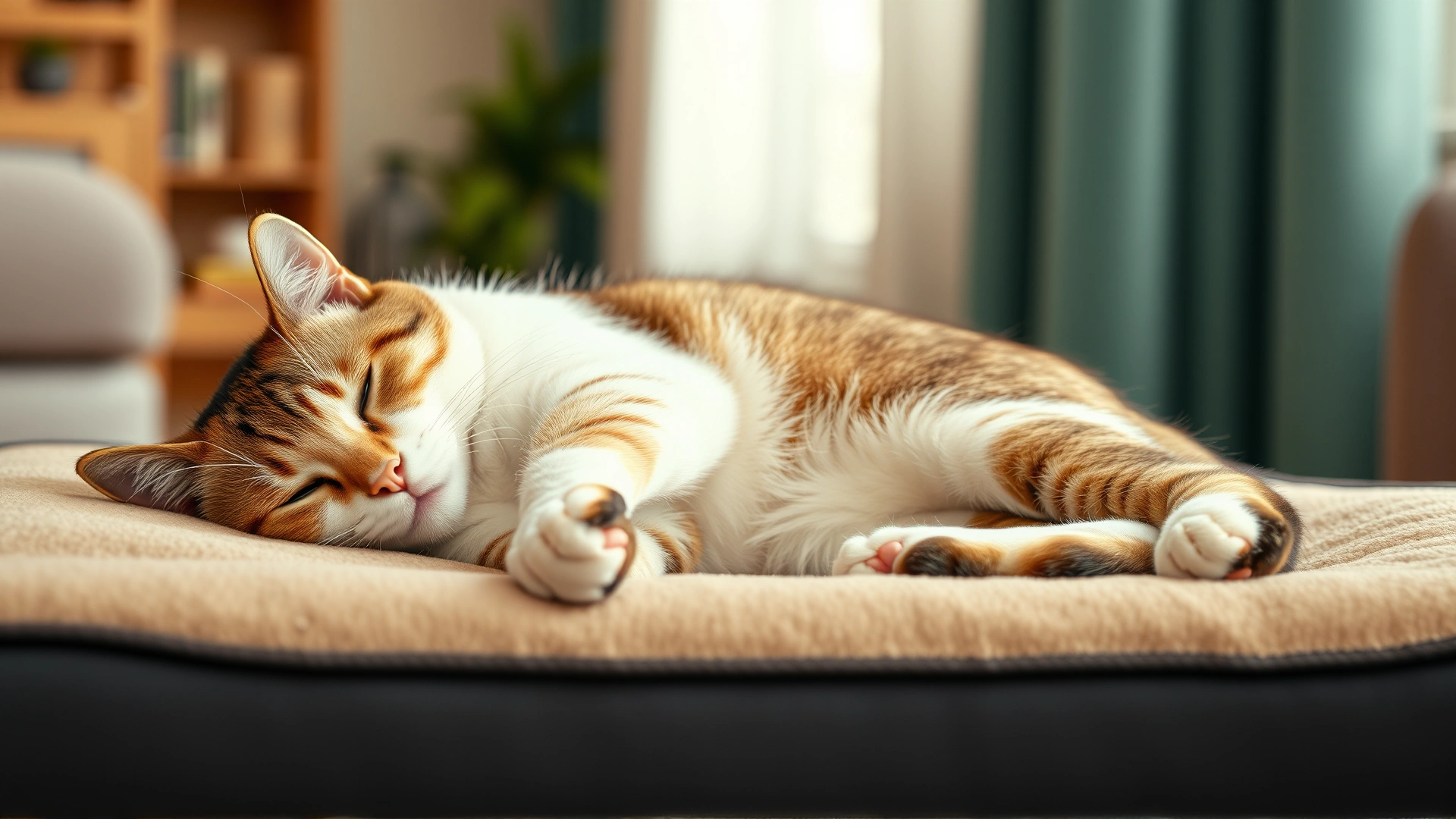 Recovered cat resting comfortably on an orthopedic pet bed in a cozy home environment, soft warm lighting, no text.