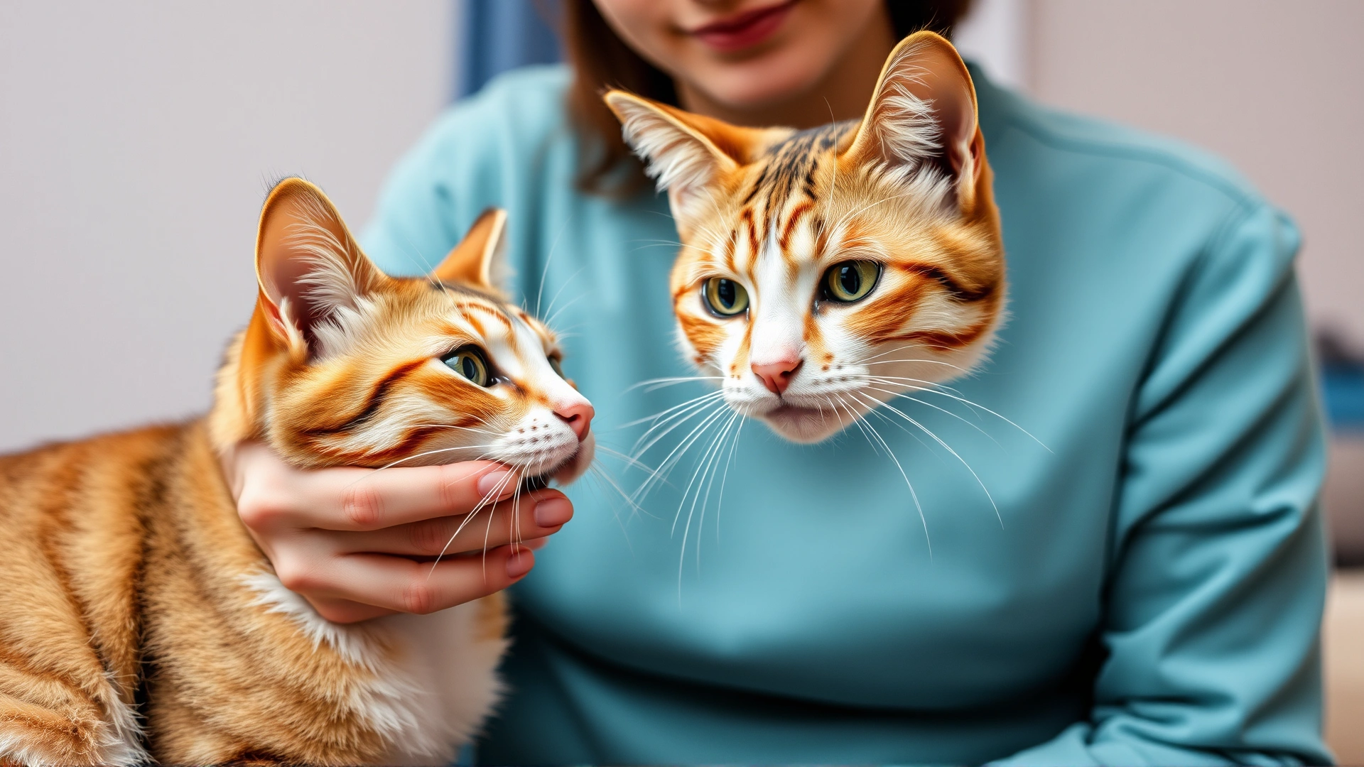 Cat owner gently giving oral medication to a cooperative cat at home