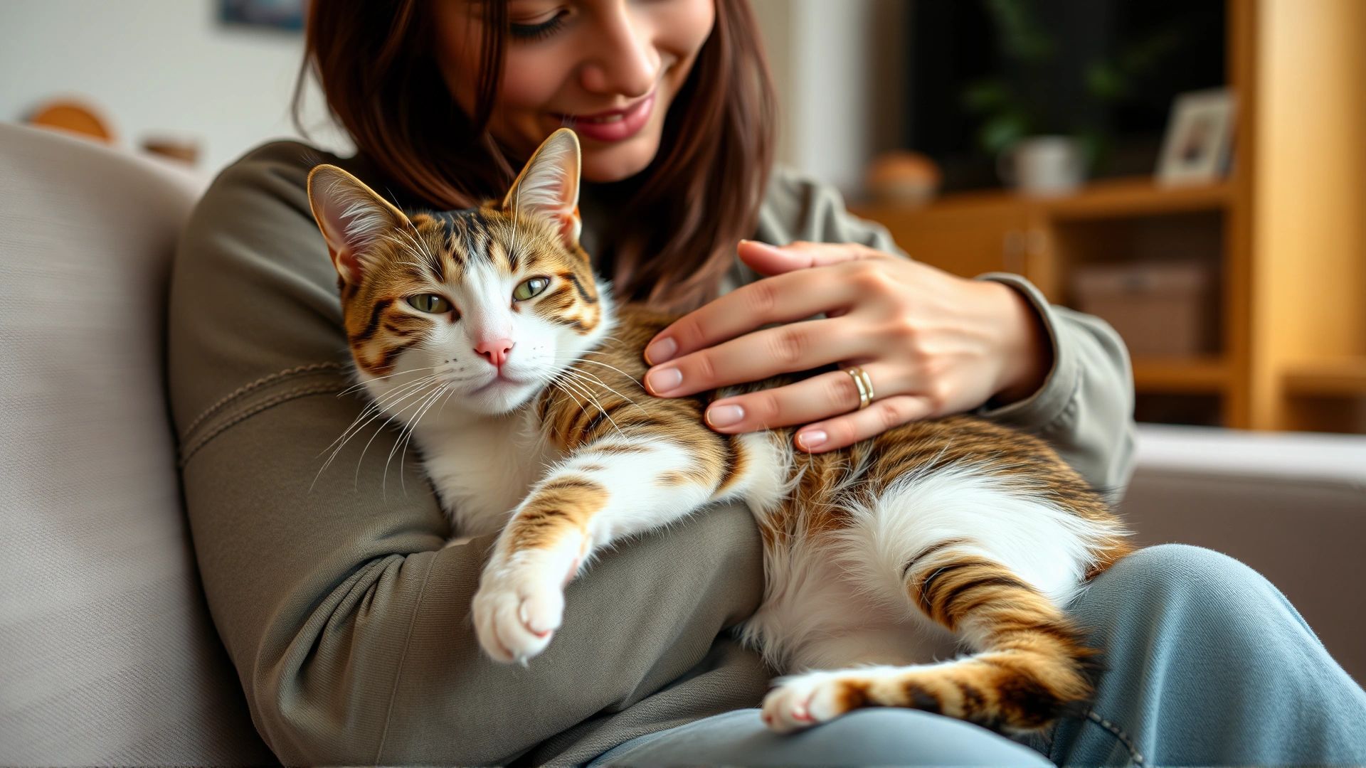 Cat owner gently holding and cuddling an adult cat on a sofa, cozy home environment, demonstrates affectionate care.