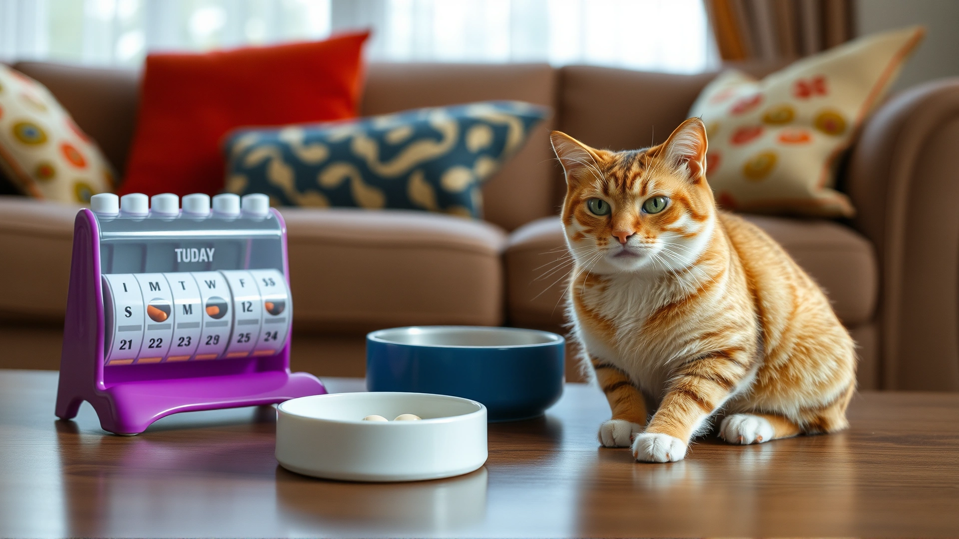 Indoor scene of a relaxed cat sitting next to a weekly pill organizer and water bowl in a cozy living room