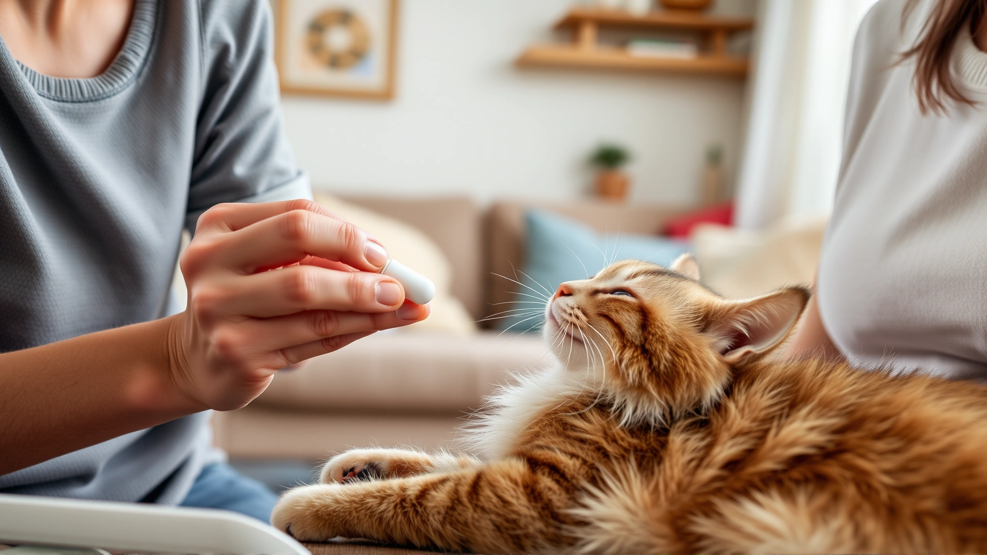 Cat owner giving an oral pill to a relaxed cat at home in a cozy living room, natural lighting, gentle interaction.
