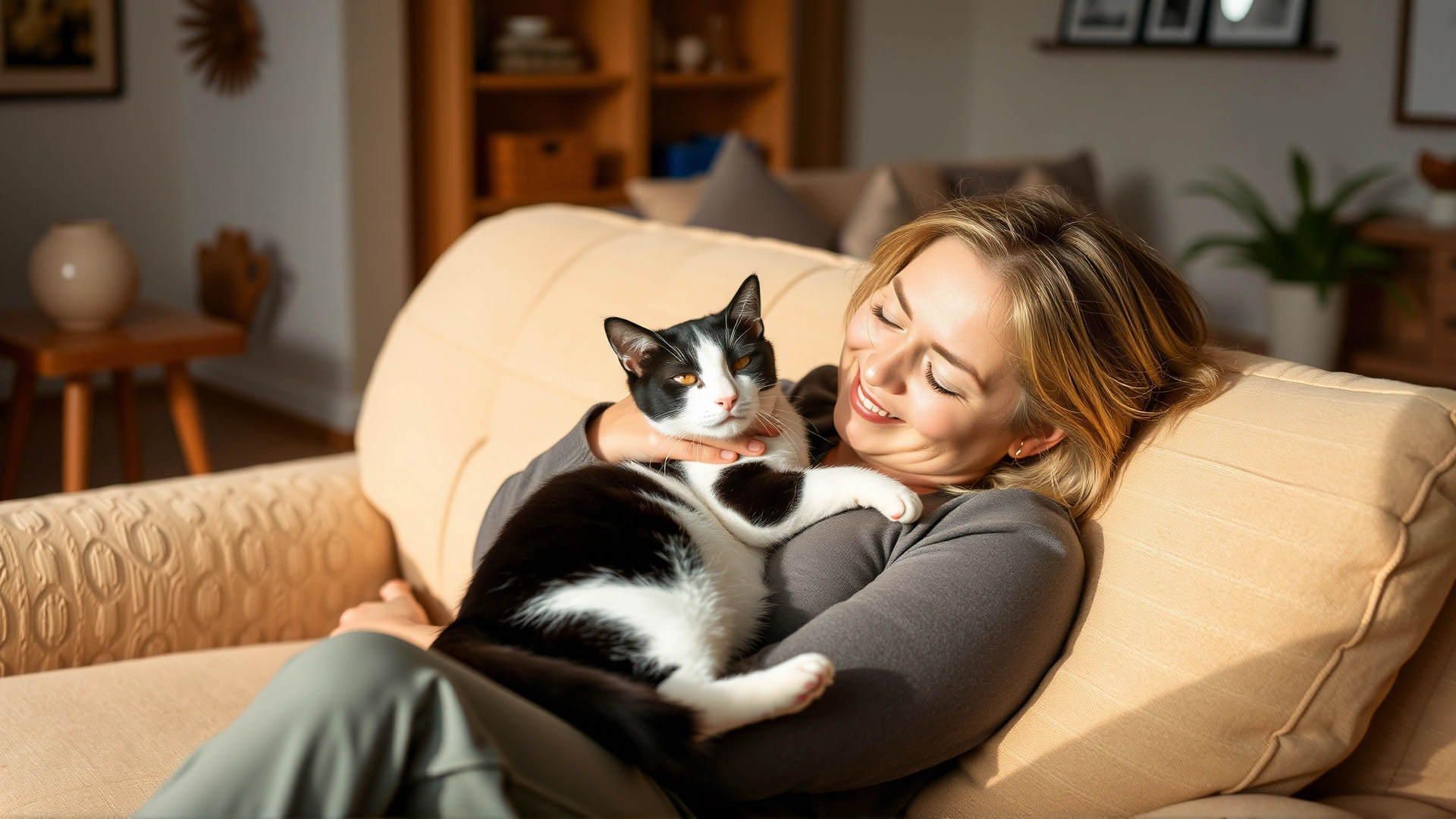 Content house cat resting on a plush bed at home while an owner gently pets it, warm ambient lighting emphasizing comfort and recovery.