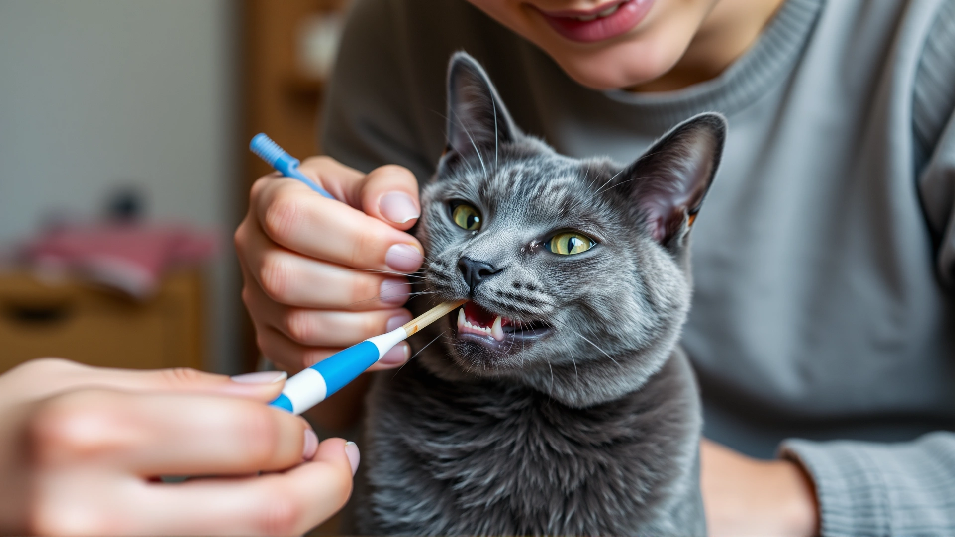 Cat owner brushing a gray cat’s teeth at home using a small pet toothbrush, indoors, cozy setting