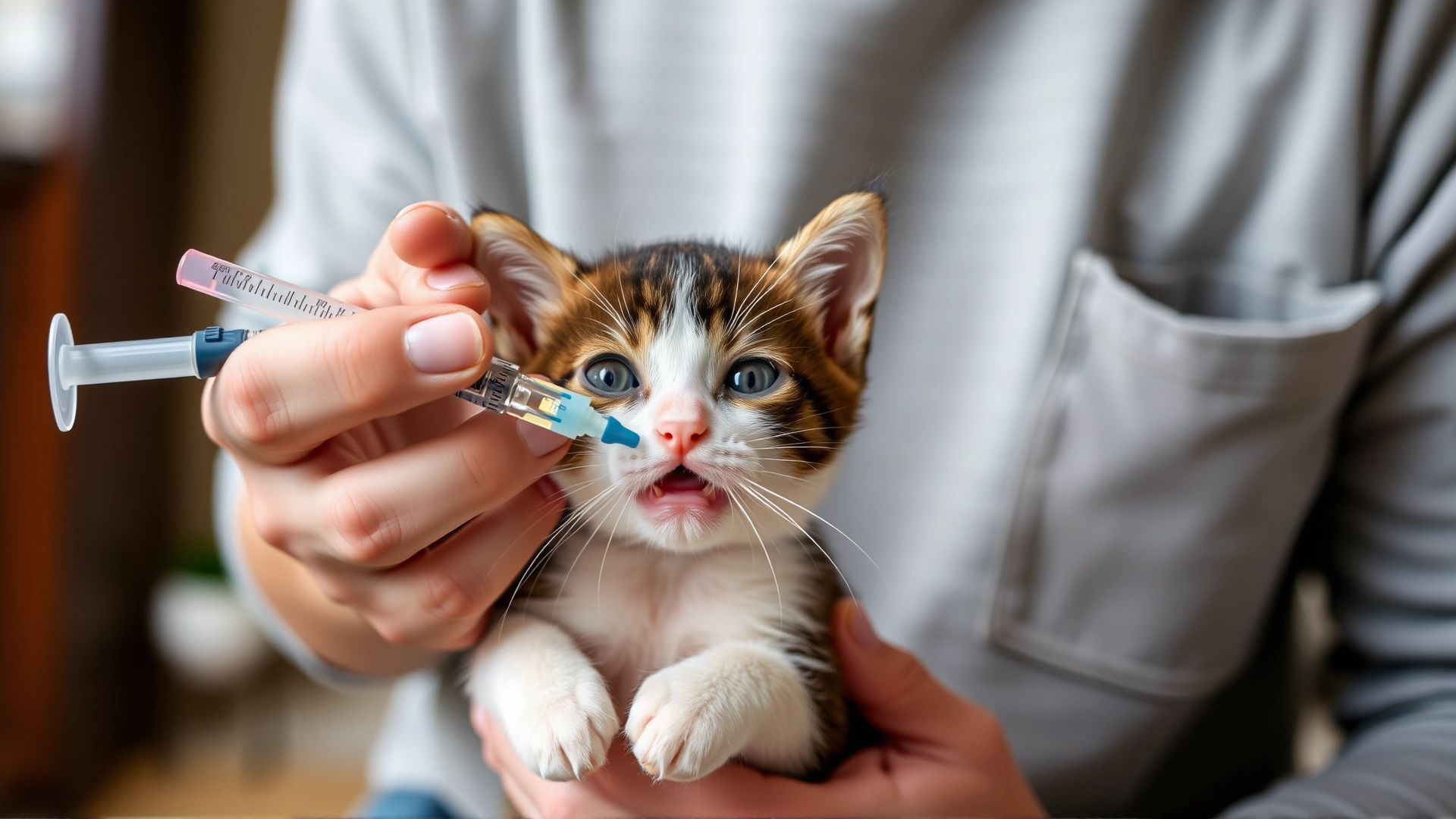 Owner feeding a kitten oral rehydration solution with a small syringe at home.