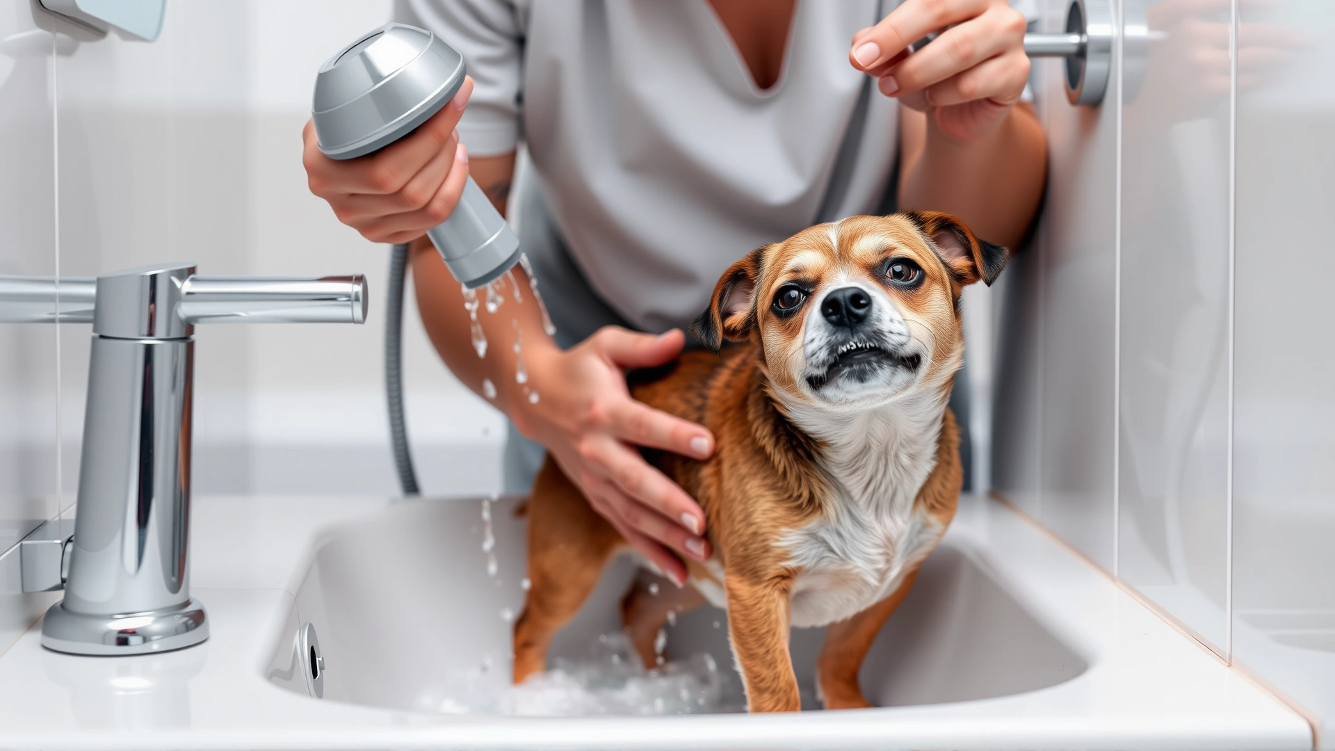 Pet owner bathing a small mixed-breed dog in a modern bathroom sink, using a handheld showerhead with gentle water flow, highlighting home care for itchy skin.