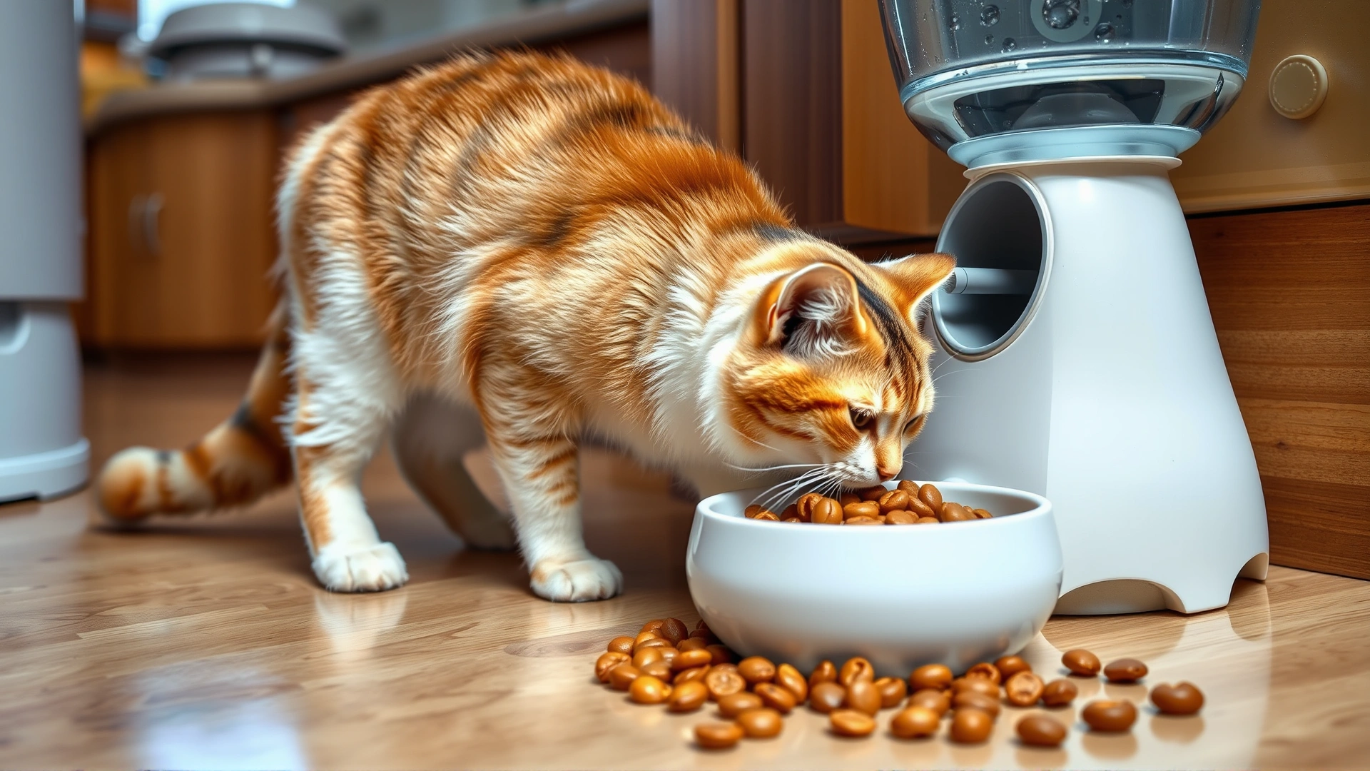Cozy home scene showing a cat drinking from a water fountain next to a bowl of wet, fiber-rich cat food on a kitchen floor.