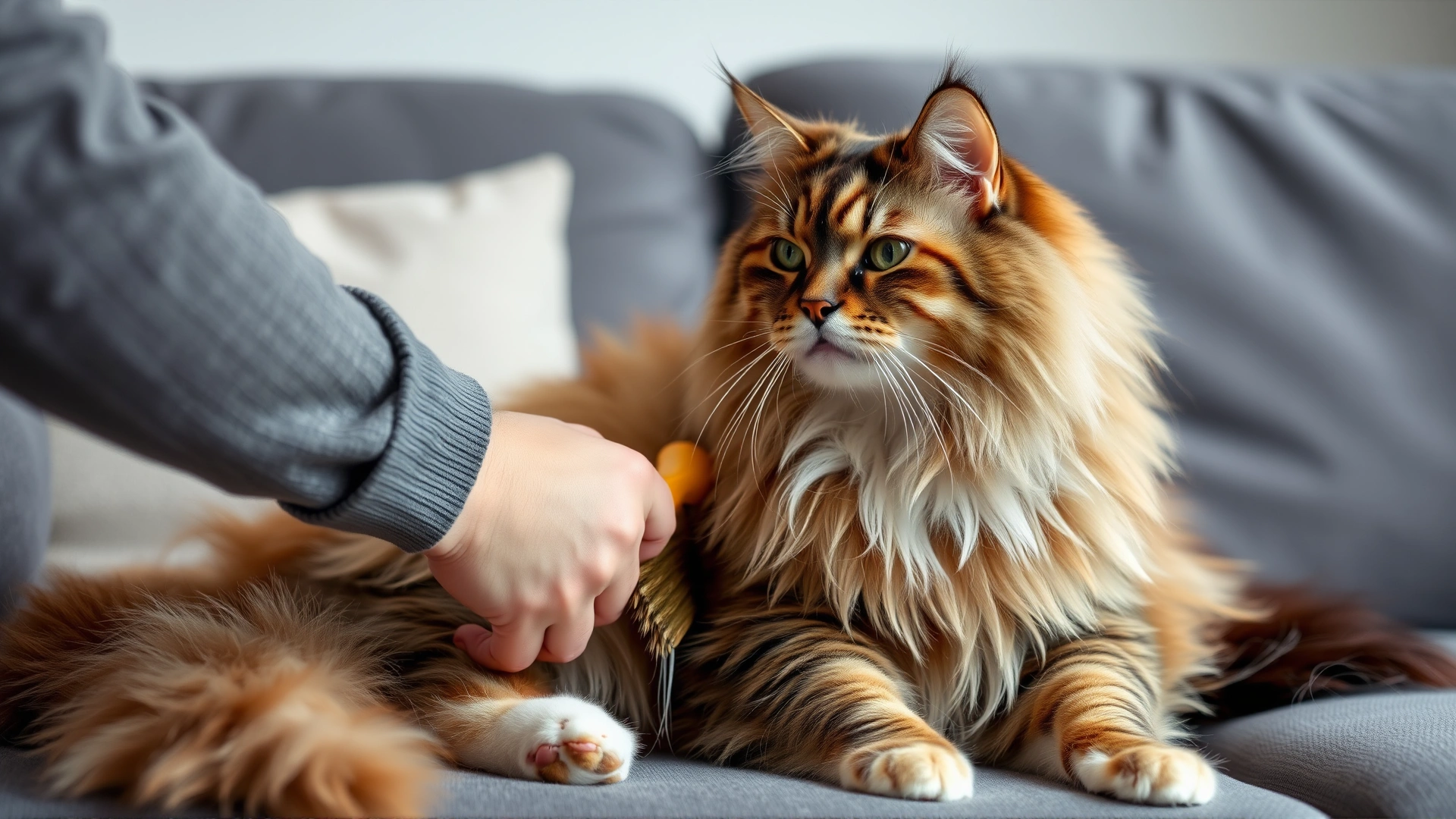 Cat owner gently brushing a long-haired Maine Coon cat on a living-room couch, showing preventive care to reduce hairballs