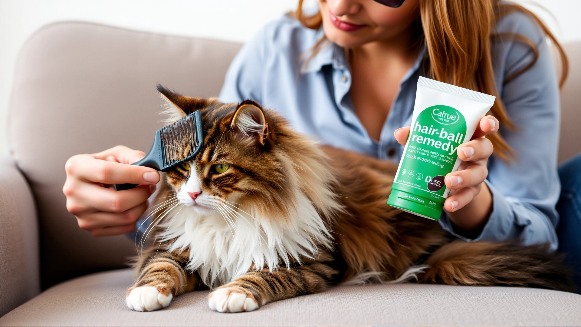 Cat owner gently brushing a long-haired cat on a sofa while holding a tube of hairball remedy gel in the other hand.
