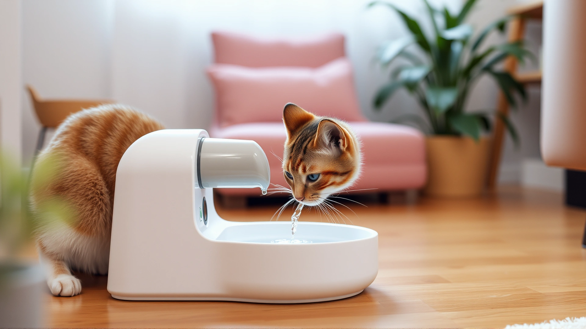 Photo of a cat drinking water from an automatic pet water fountain in a cozy home environment