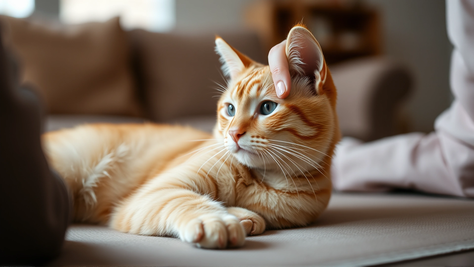 Domestic short-haired orange cat lying comfortably while owner gently applies eye drops in a cozy living room