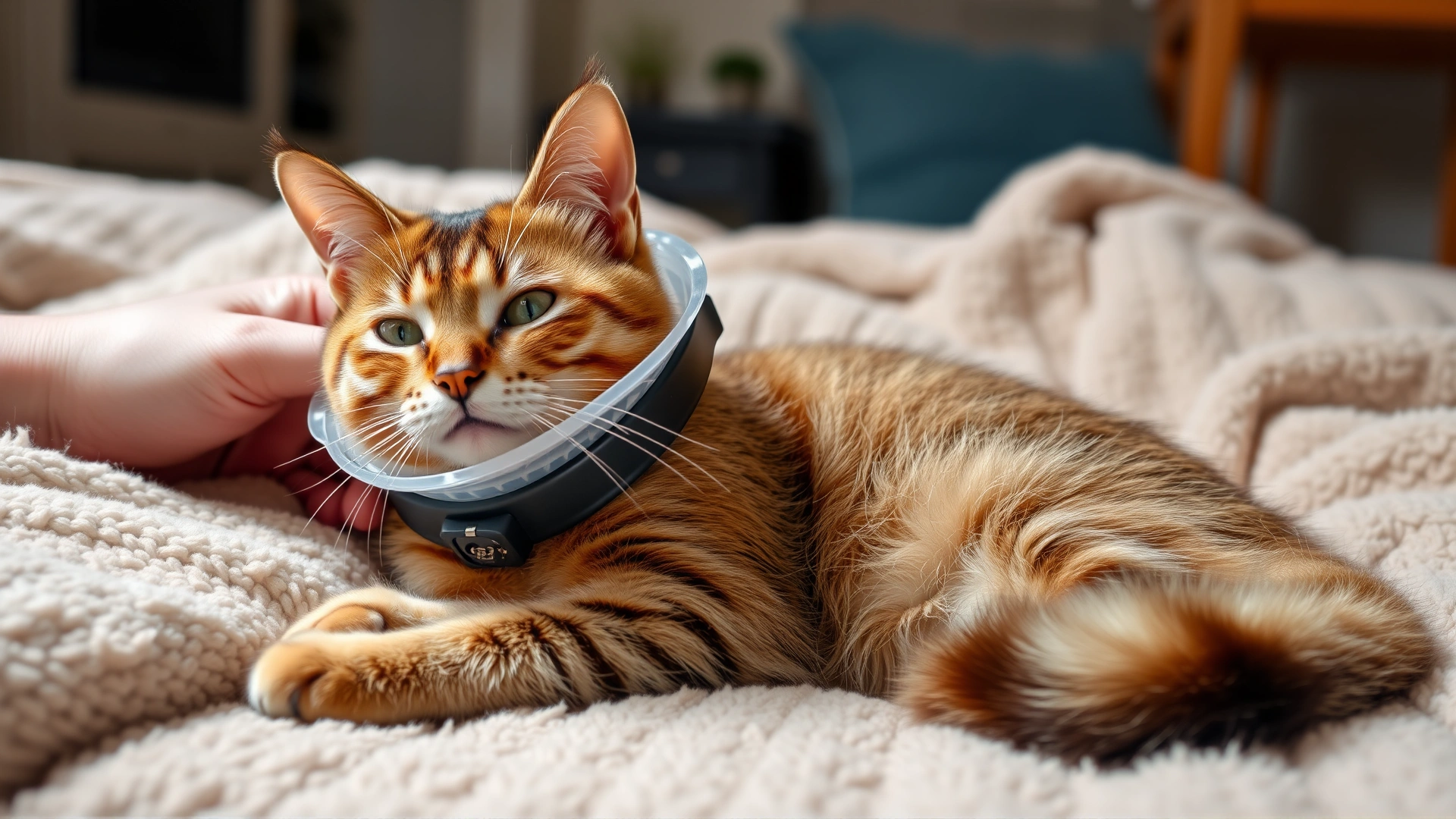 Cat wearing a comfortable plastic E-collar resting on a soft blanket at home, owner’s hand gently petting it, cozy environment, no text.