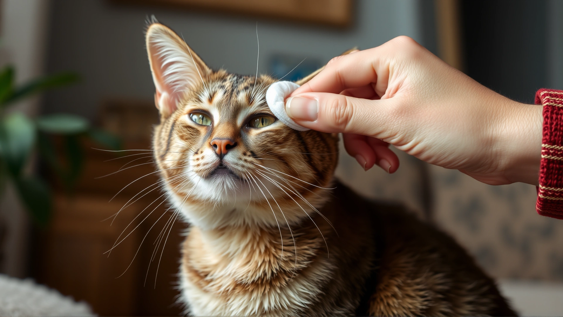 Cat owner wiping the corner of a cat’s eye with a cotton pad, cozy home environment