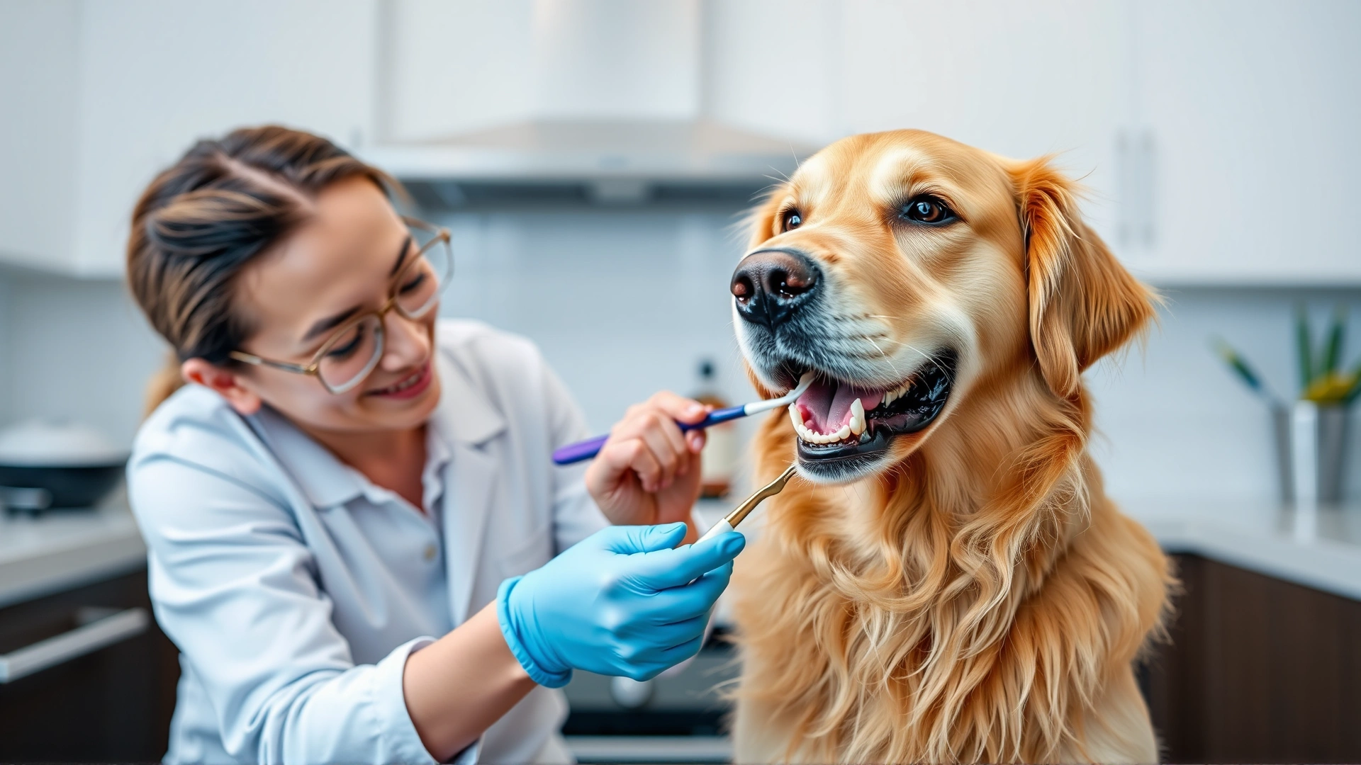 Pet owner brushing a golden retriever's teeth in a modern kitchen, showcasing at-home dental care